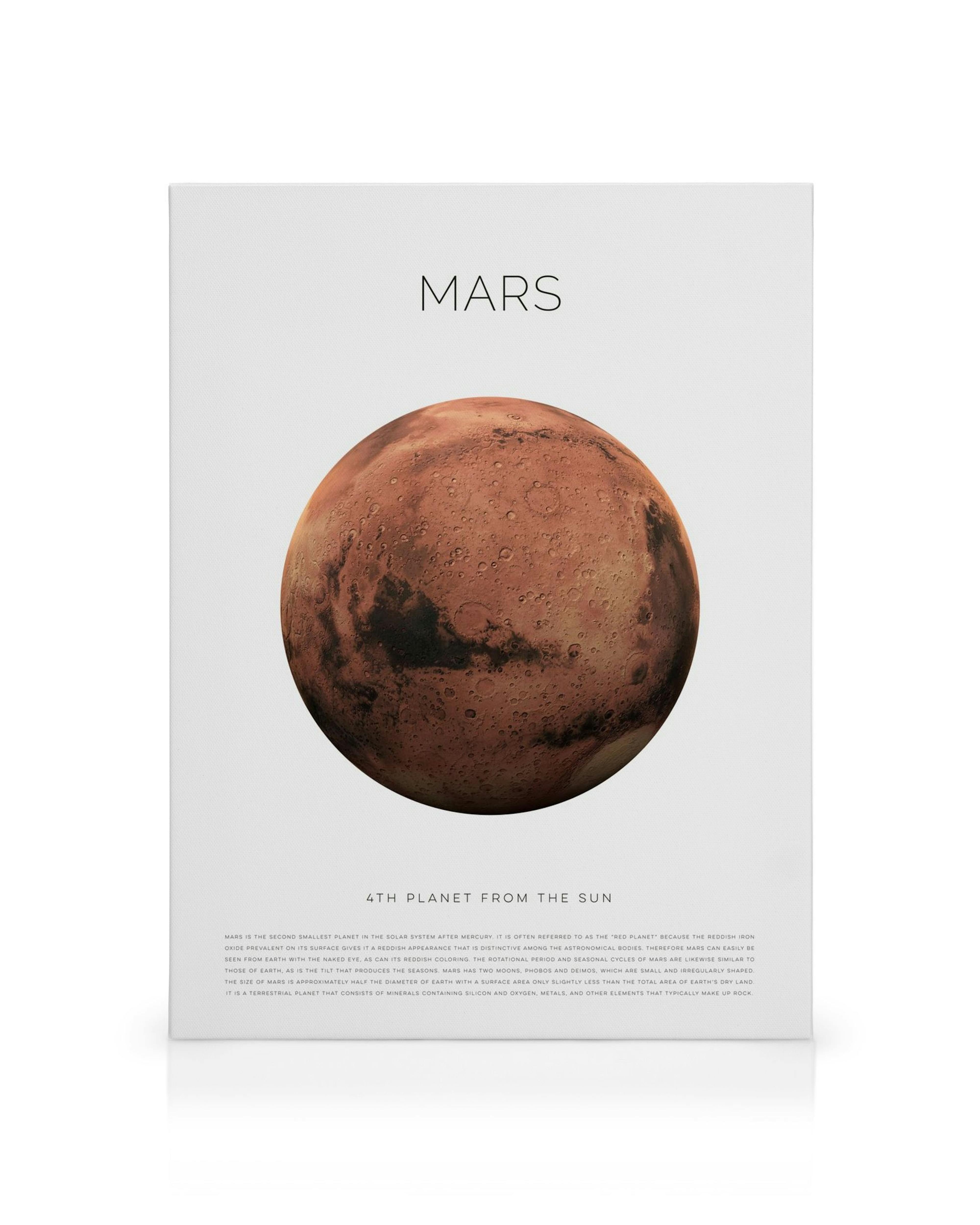 Toile de la planète Mars brun-rougeâtre avec texte descriptif sur fond blanc.