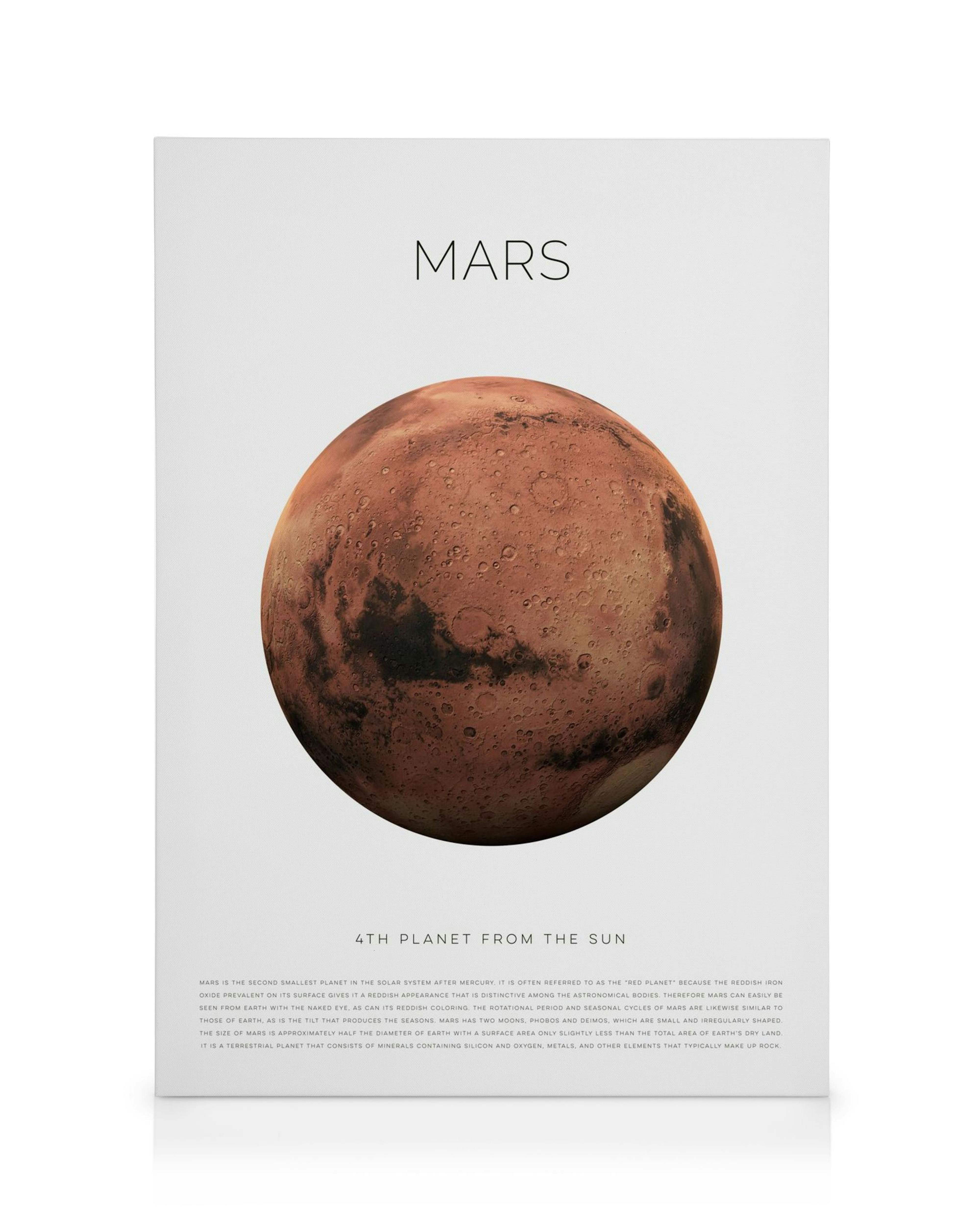 Toile de la planète Mars avec typographie du nom et description détaillée sur fond blanc