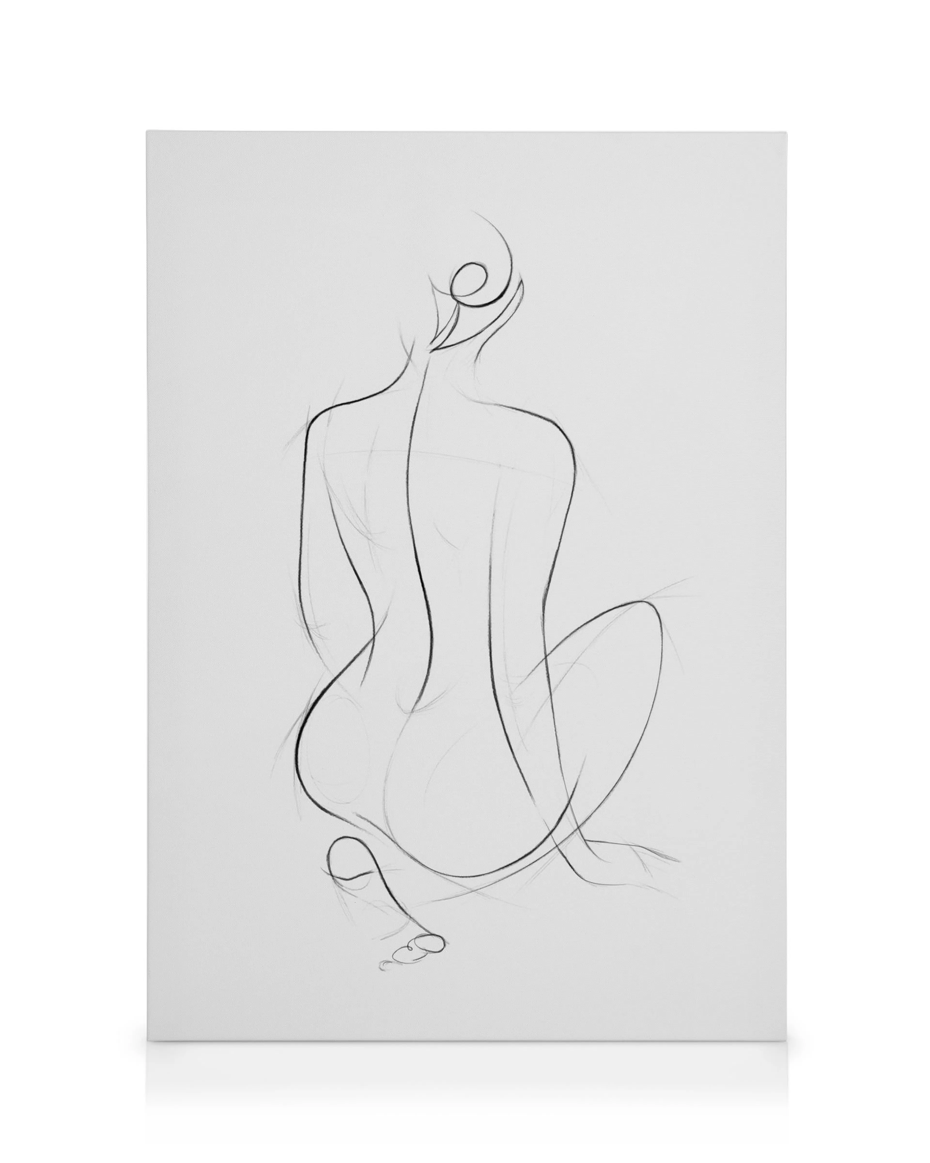 Abstract line art canvas featuring a seated female figure from behind, modern sketch style, neutral decor.
