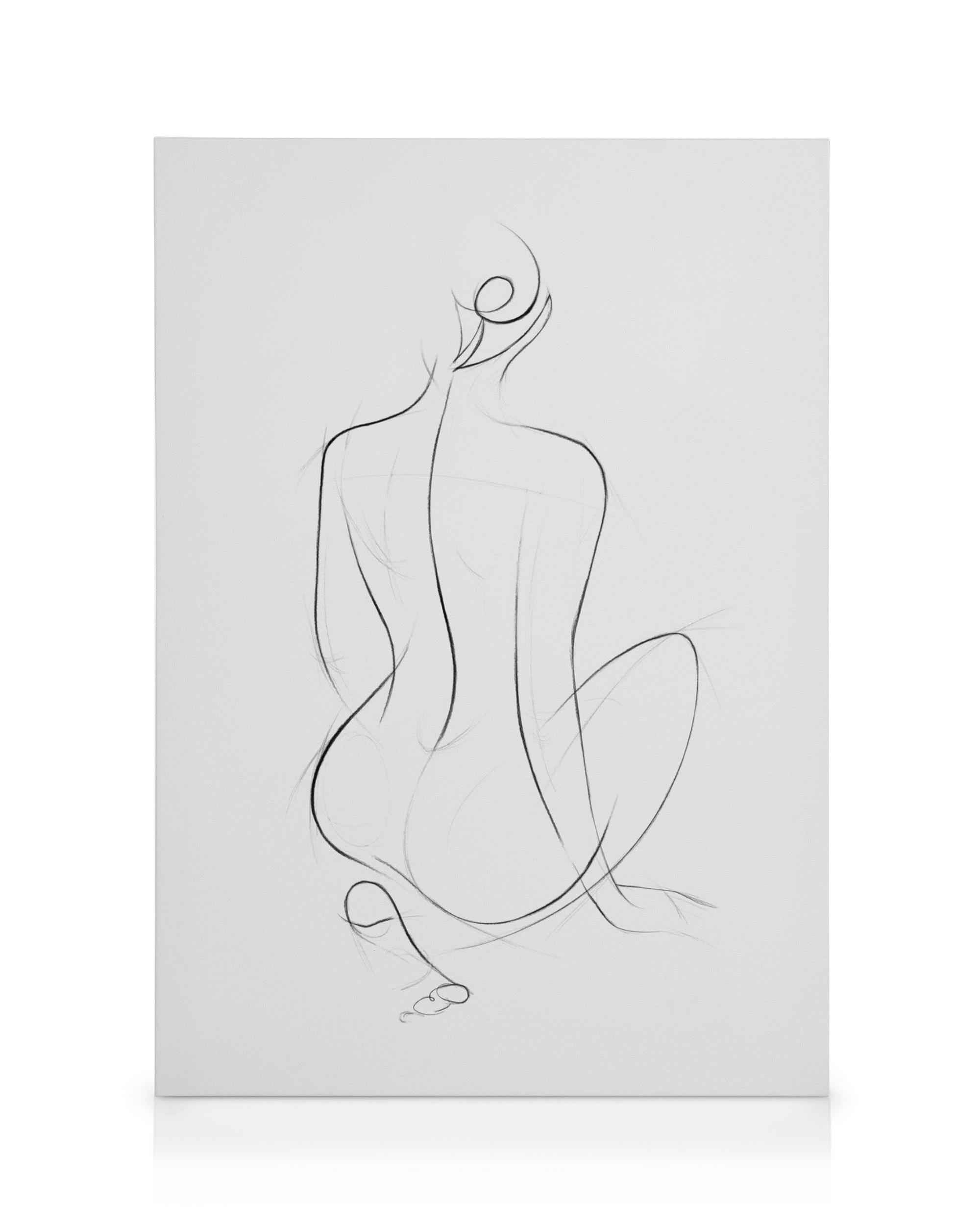 Minimalist line drawing of a woman from behind, with hair in a bun, on a canvas print.