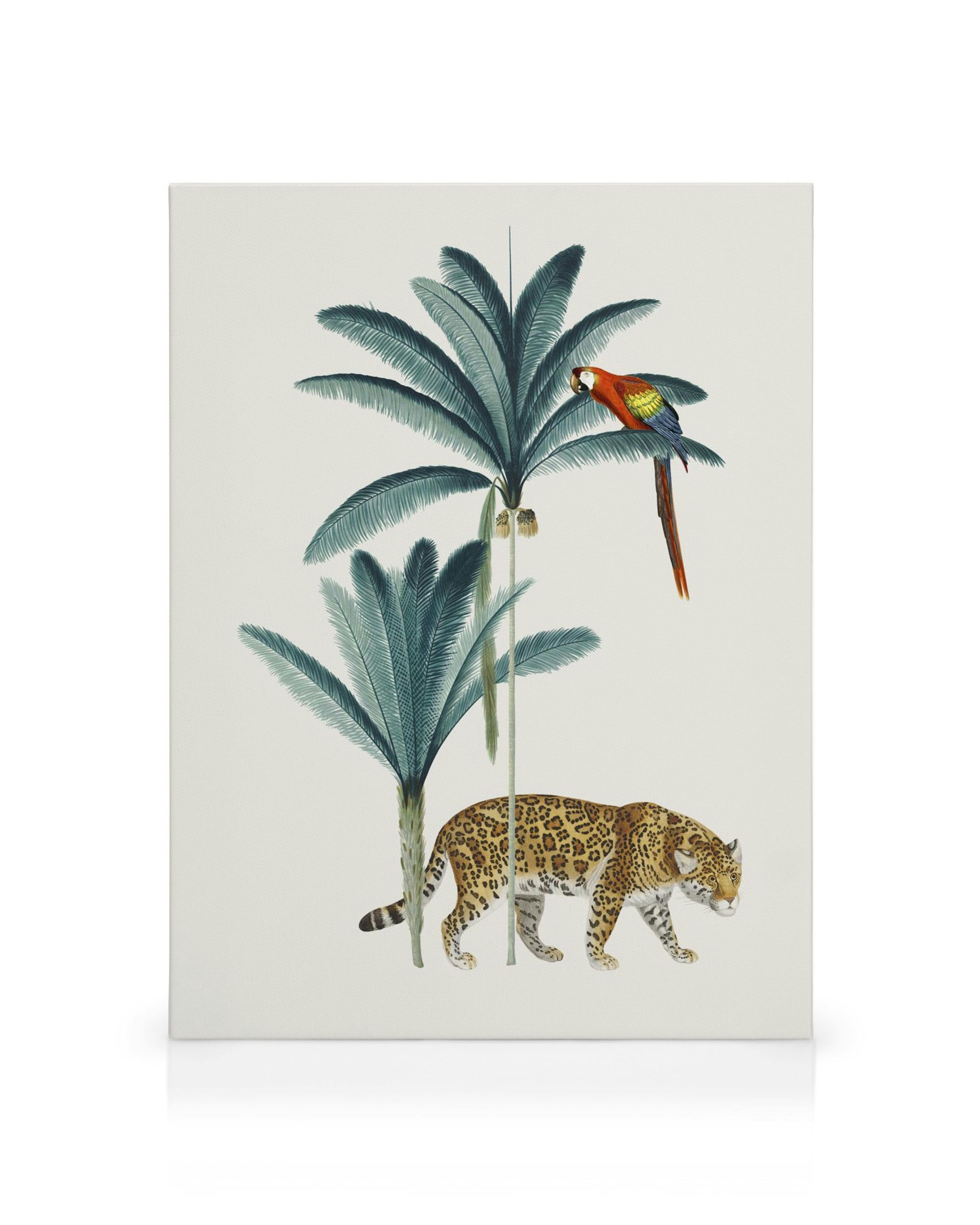 Royal Botanical Leopard Canvas print with palm trees, parrot, and leopard in green, brown, and yellow tones.