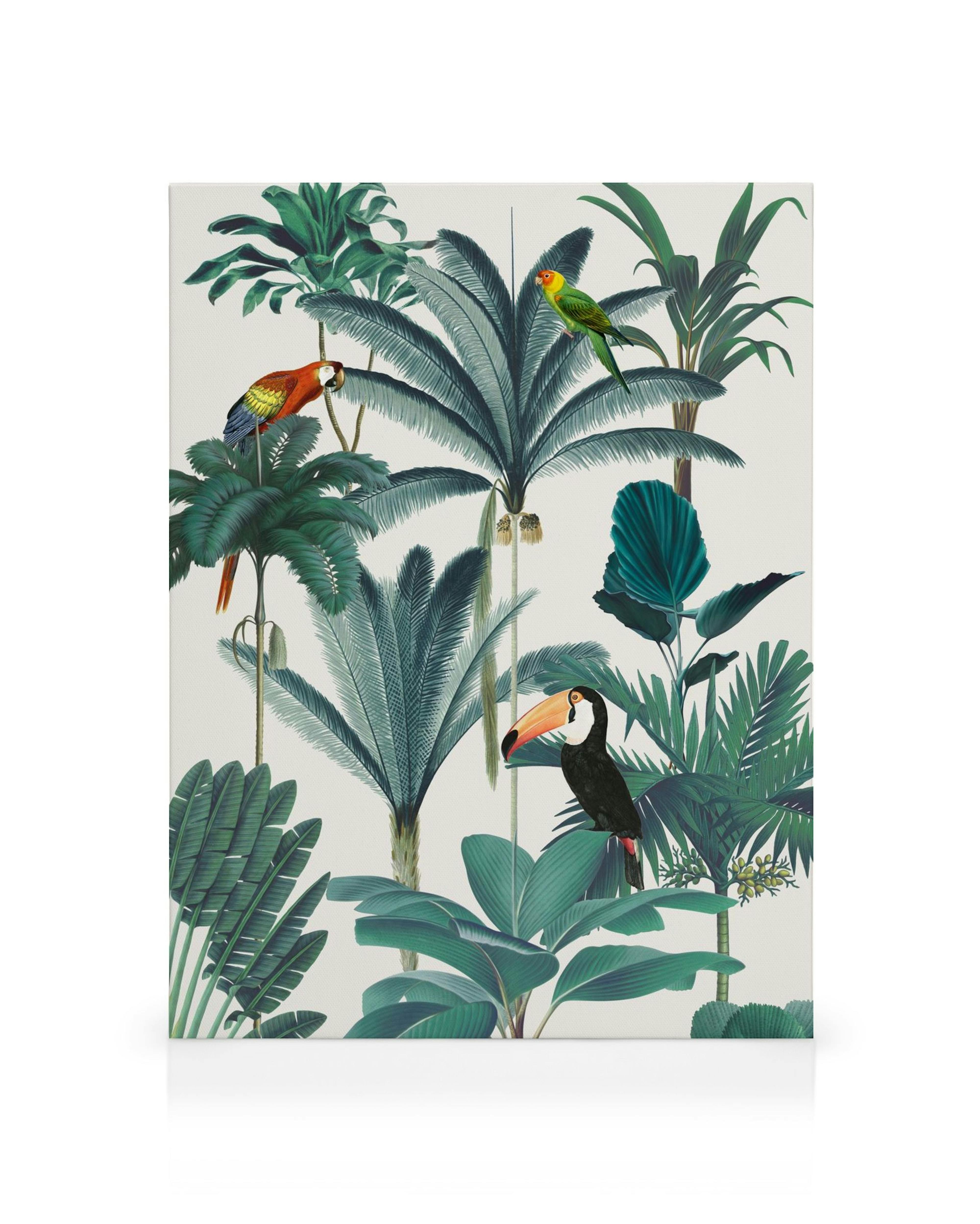 Canvastavla med exotiska fåglar, inklusive en tukan och papegojor, bland frodiga gröna palmer och tropiska växter på vit bakgrun