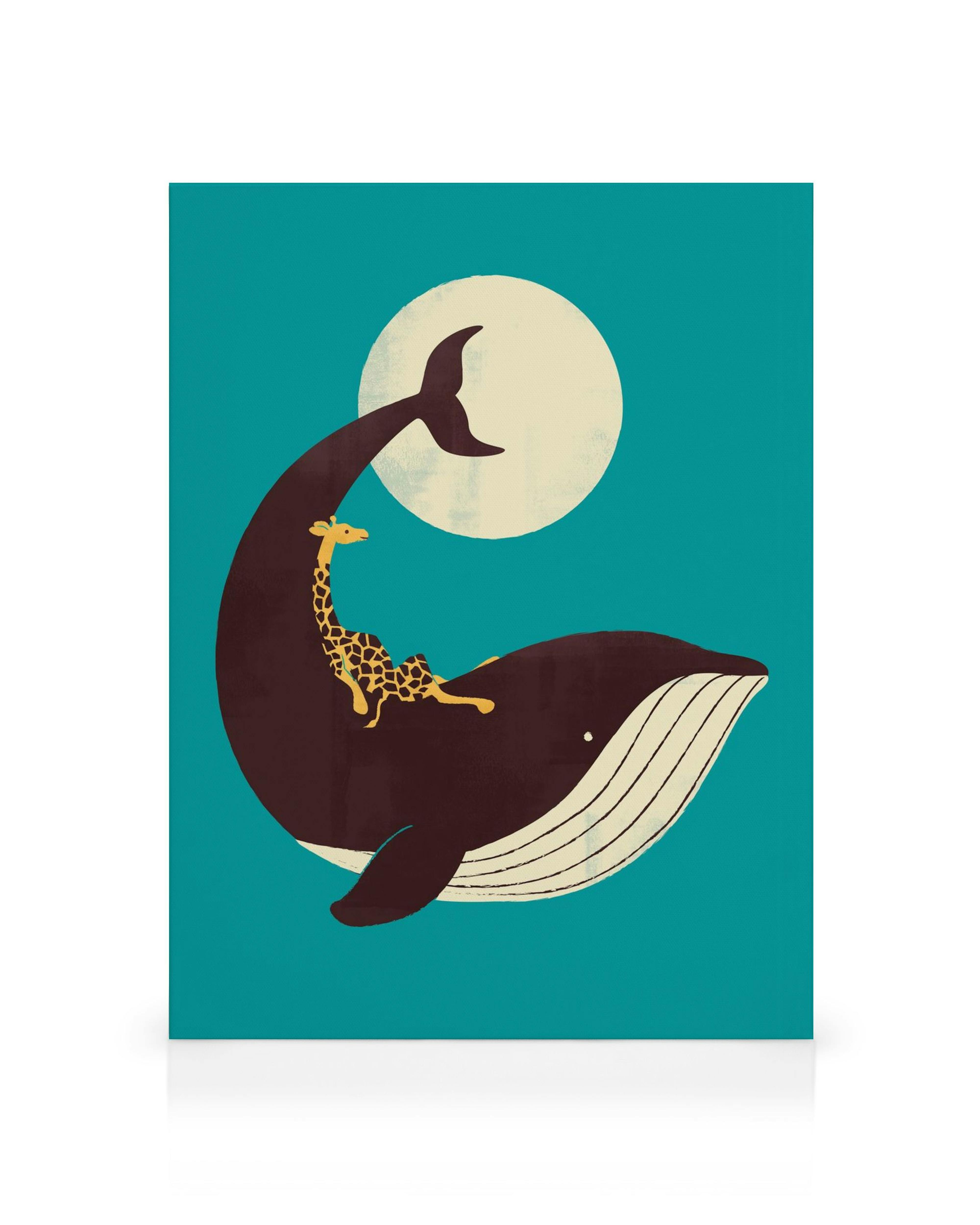 Stylized canvas print of a brown whale with a giraffe on its back, against a teal background and full moon.