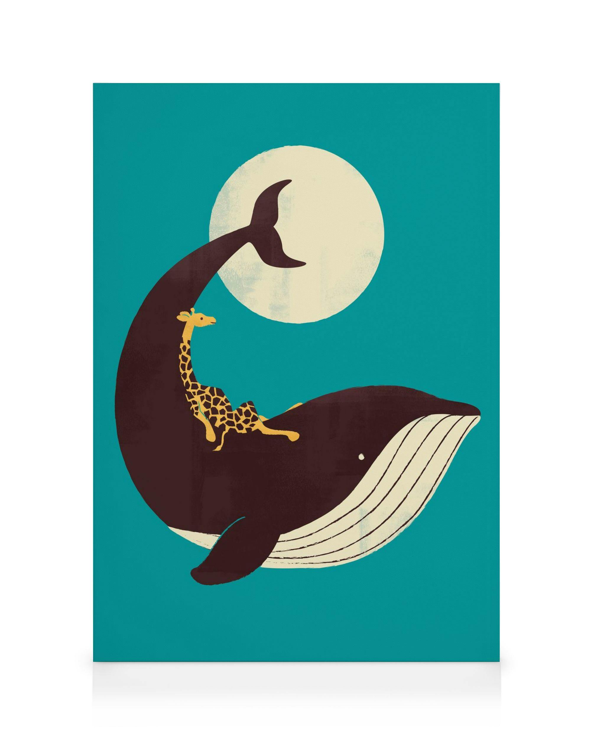 Whale and giraffe canvas print, a whimsical art piece with a giraffe riding on a whales back under a full moon.