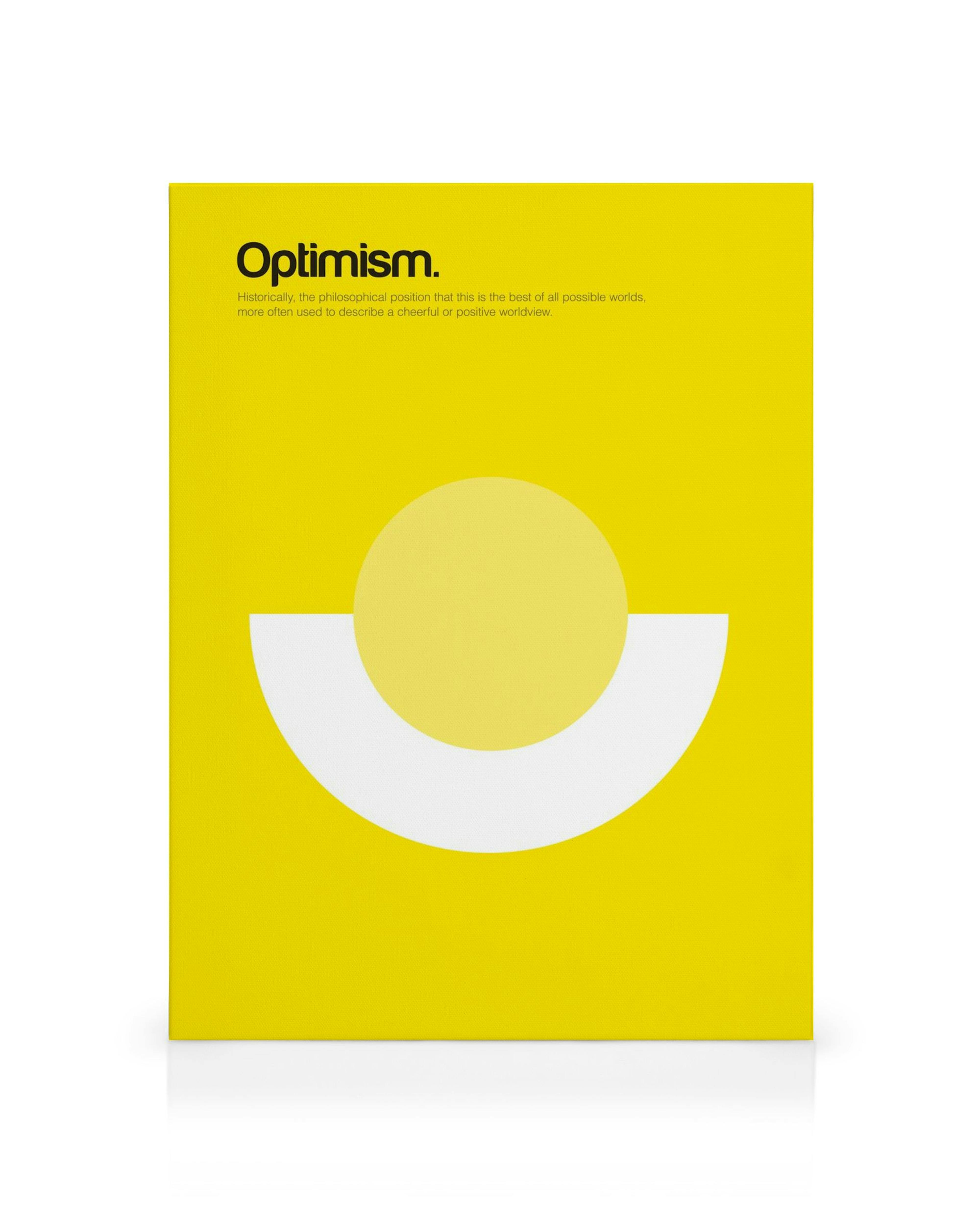 Lienzo amarillo con un semicírculo blanco y un círculo amarillo claro, la palabra Optimism en la parte superior.