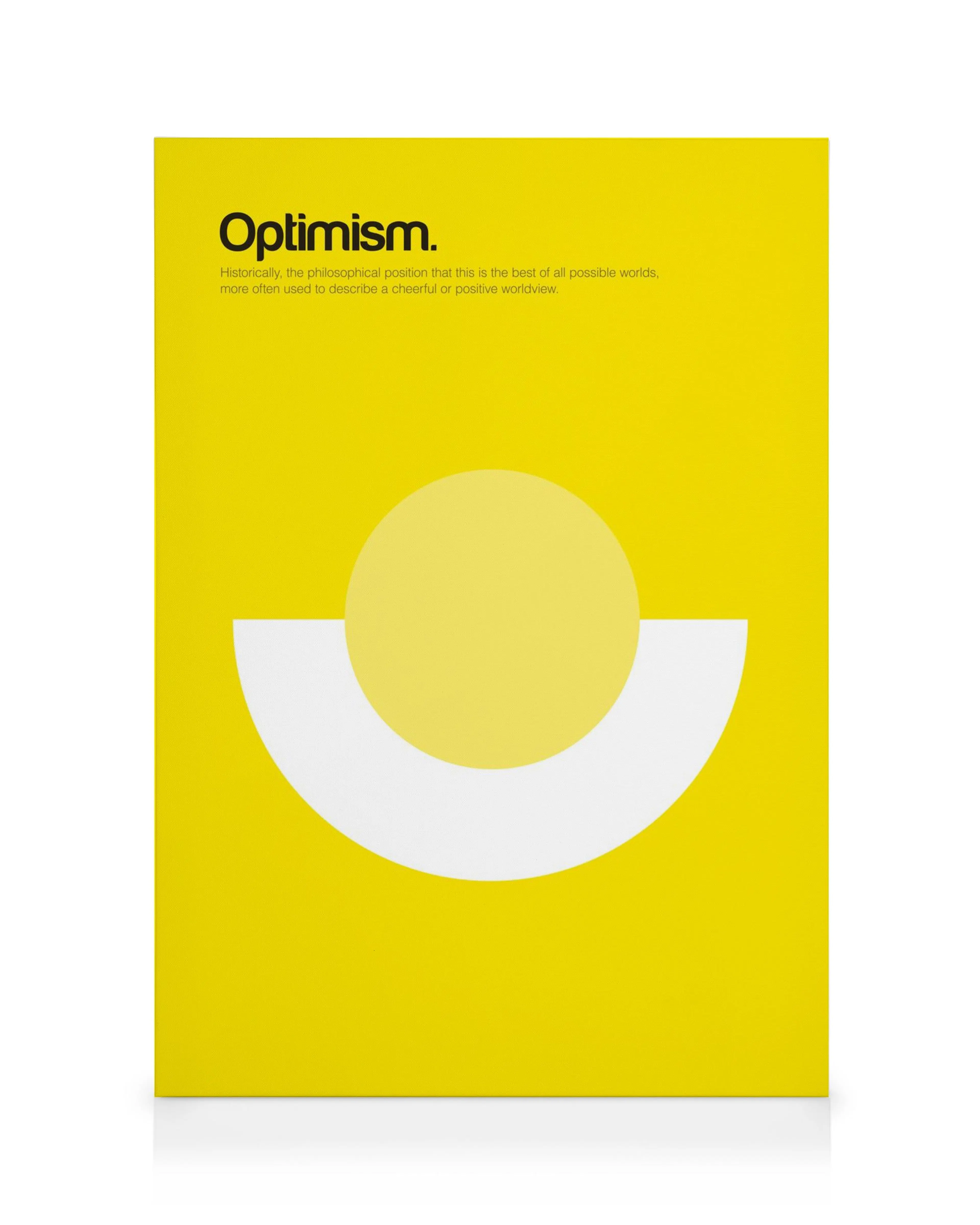 En minimalistisk gul canvastavla med vita halvcirklar och texten Optimism för en positiv känsla.