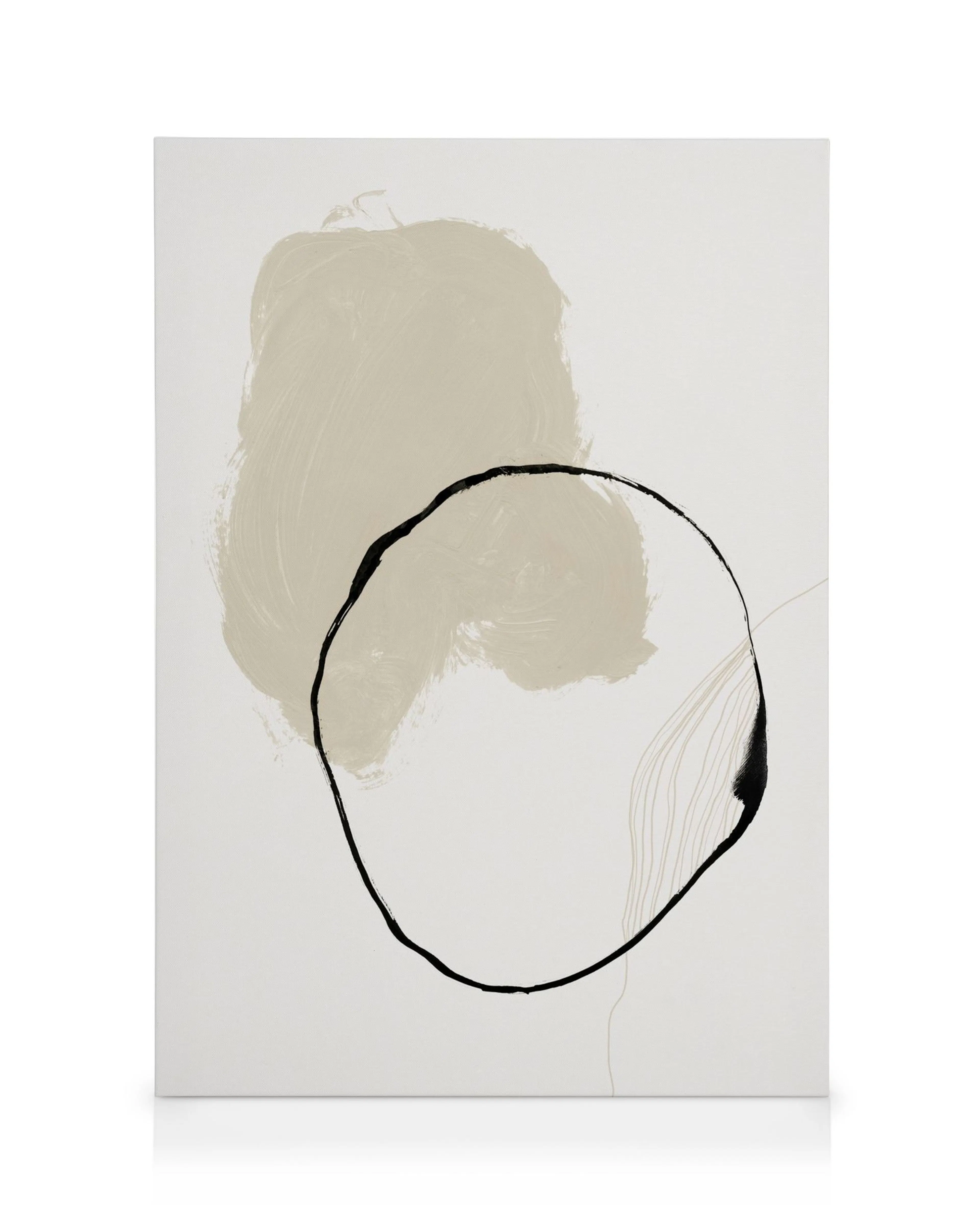 Minimalistisk lærredskunst med beige farve og sort cirkel, moderne indretning.