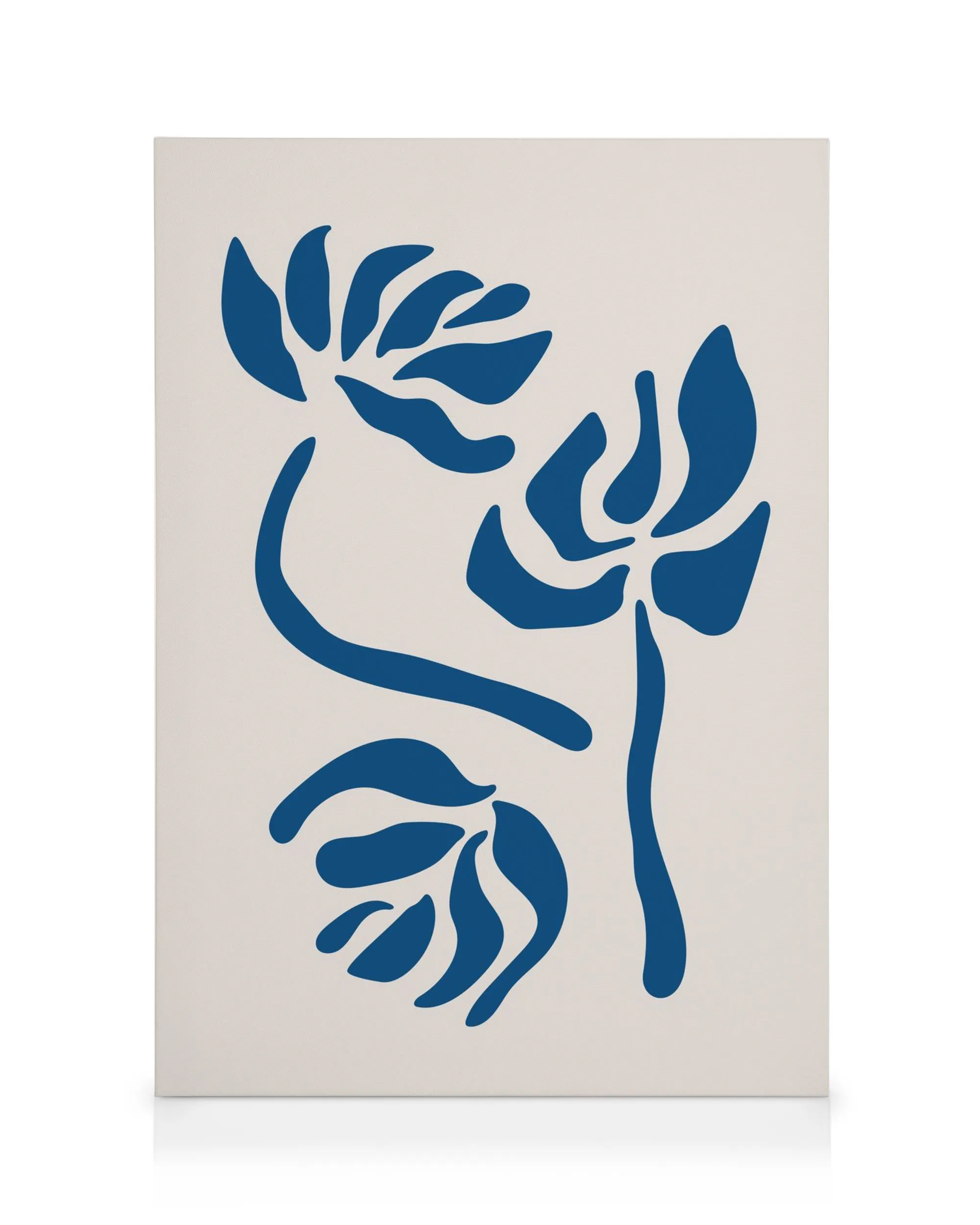 Blue graphic flowers canvas print with simple blue leaf shapes on a white background