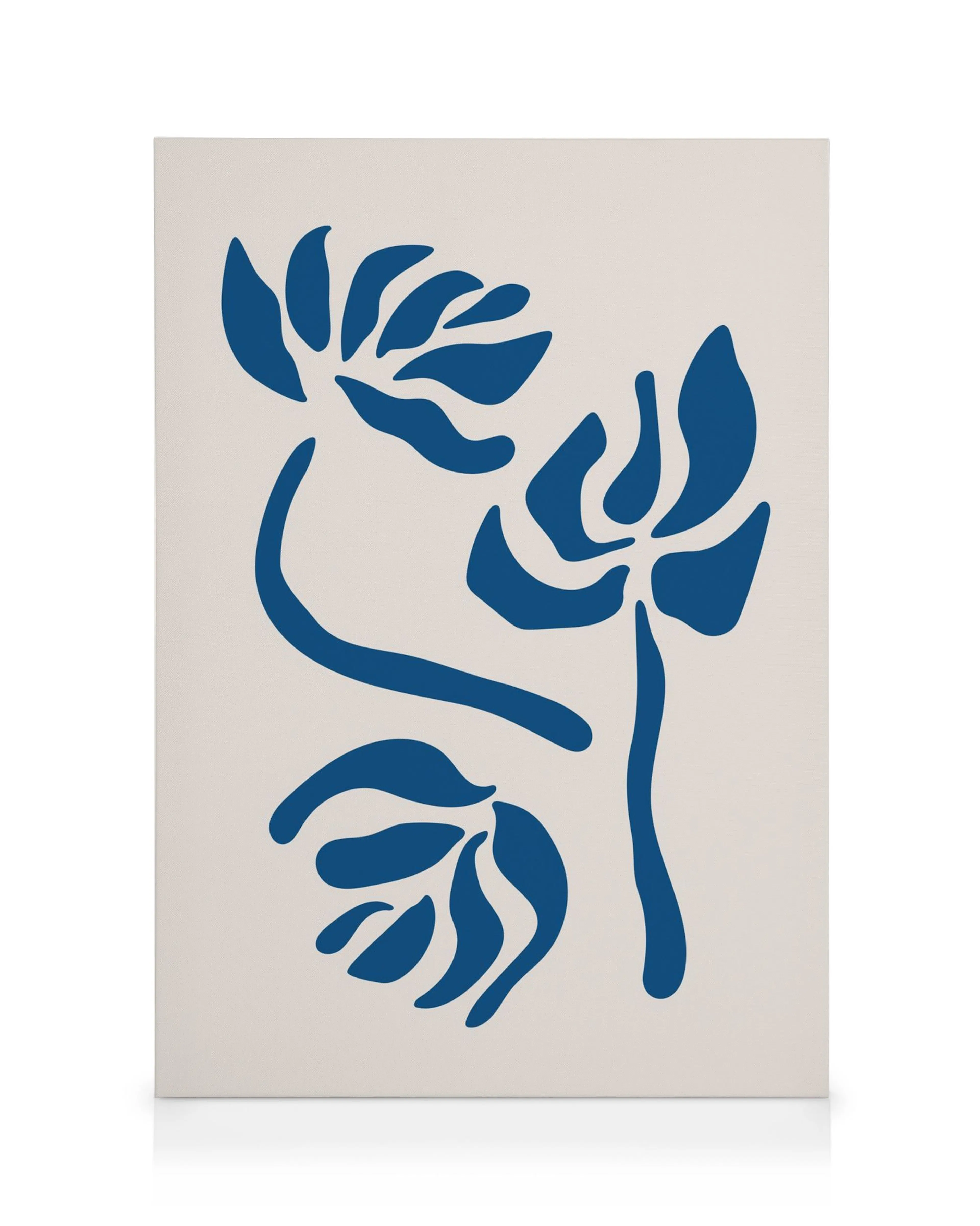 Blue graphic flowers canvas print with simple blue leaf shapes on a white background