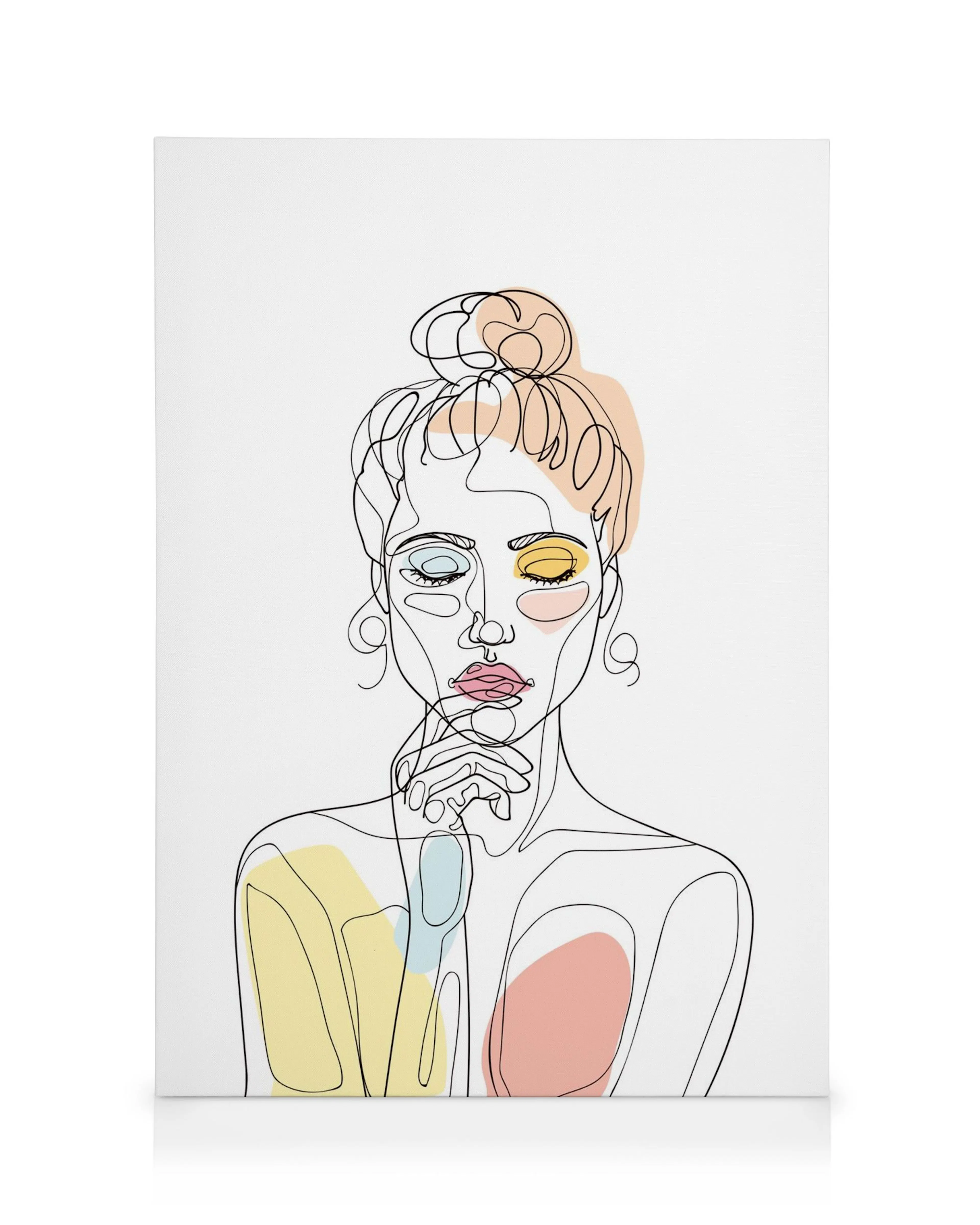 Quadro em tela com desenho minimalista de rosto feminino com coque, e formas coloridas em rosa, azul e amarelo.
