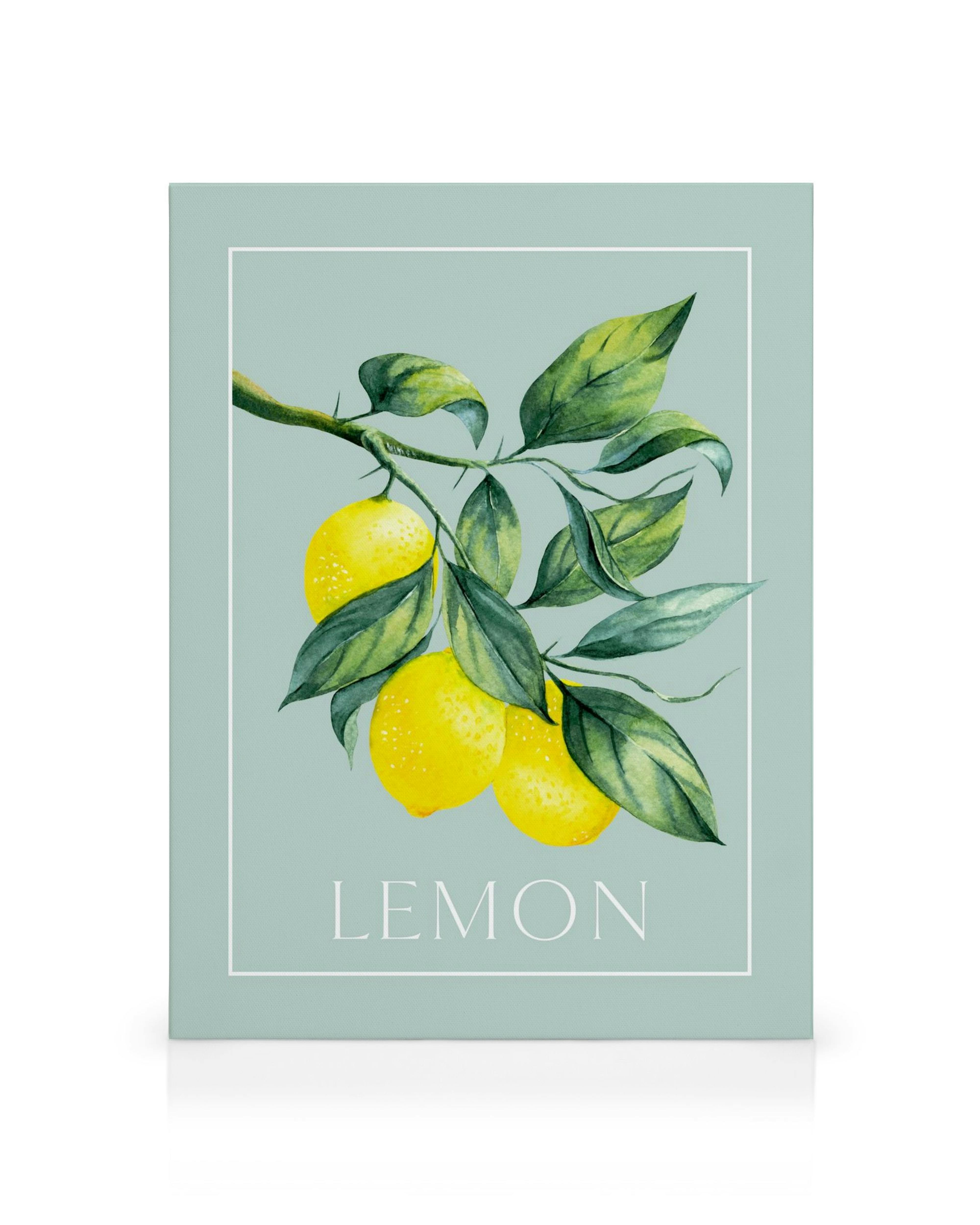 Lienzo vintage con limones jugosos y hojas verdes en rama, sobre fondo azul claro y borde blanco, estilo acuarela.