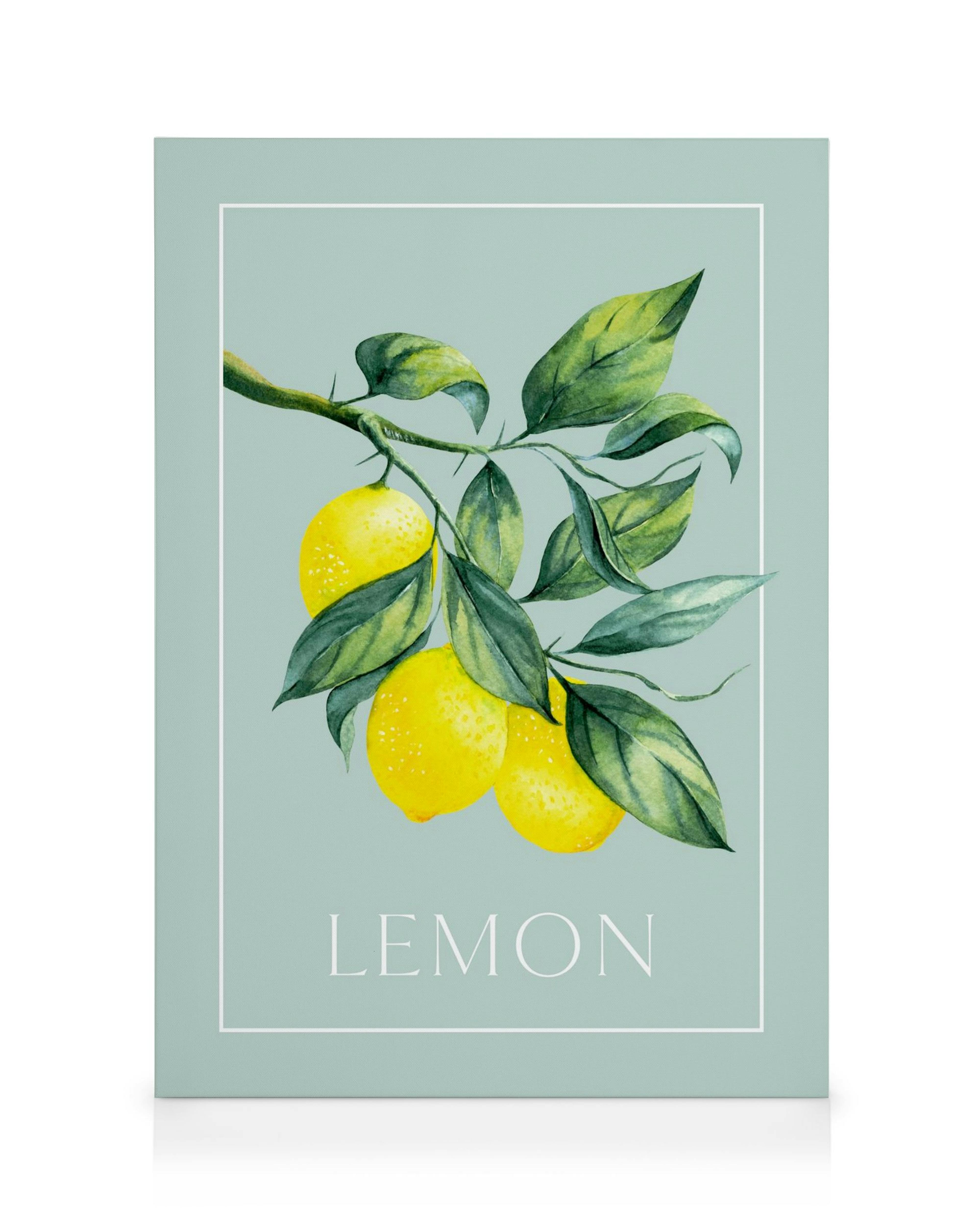 Vintage sitruunoiden kanvaasi, jossa on vesivärimaalattuja sitruunoita ja lehtiä vaaleansinisellä taustalla.