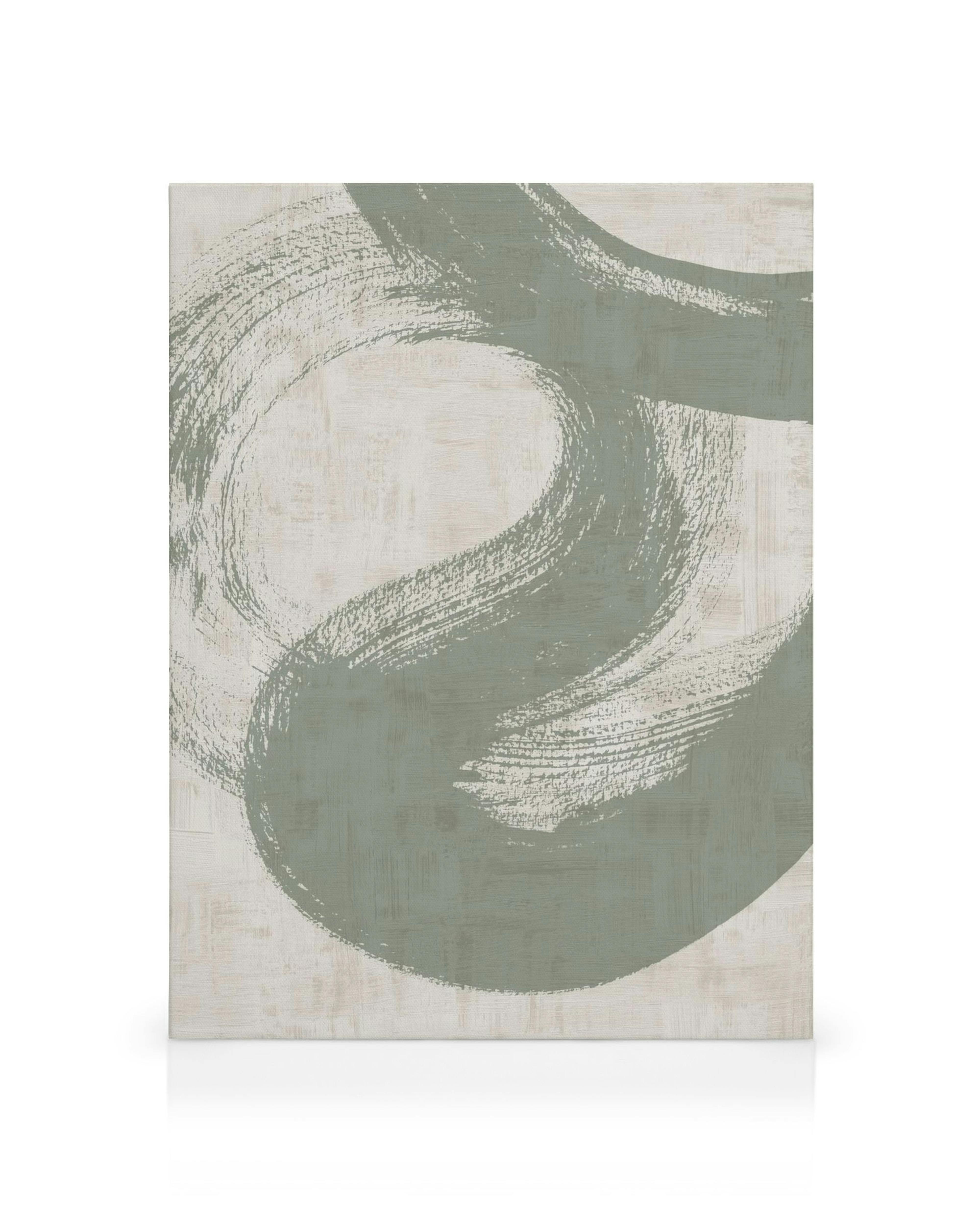 Toile abstraite avec coups de pinceau incurvés verts et blancs sur fond texturé, typographie moderne.