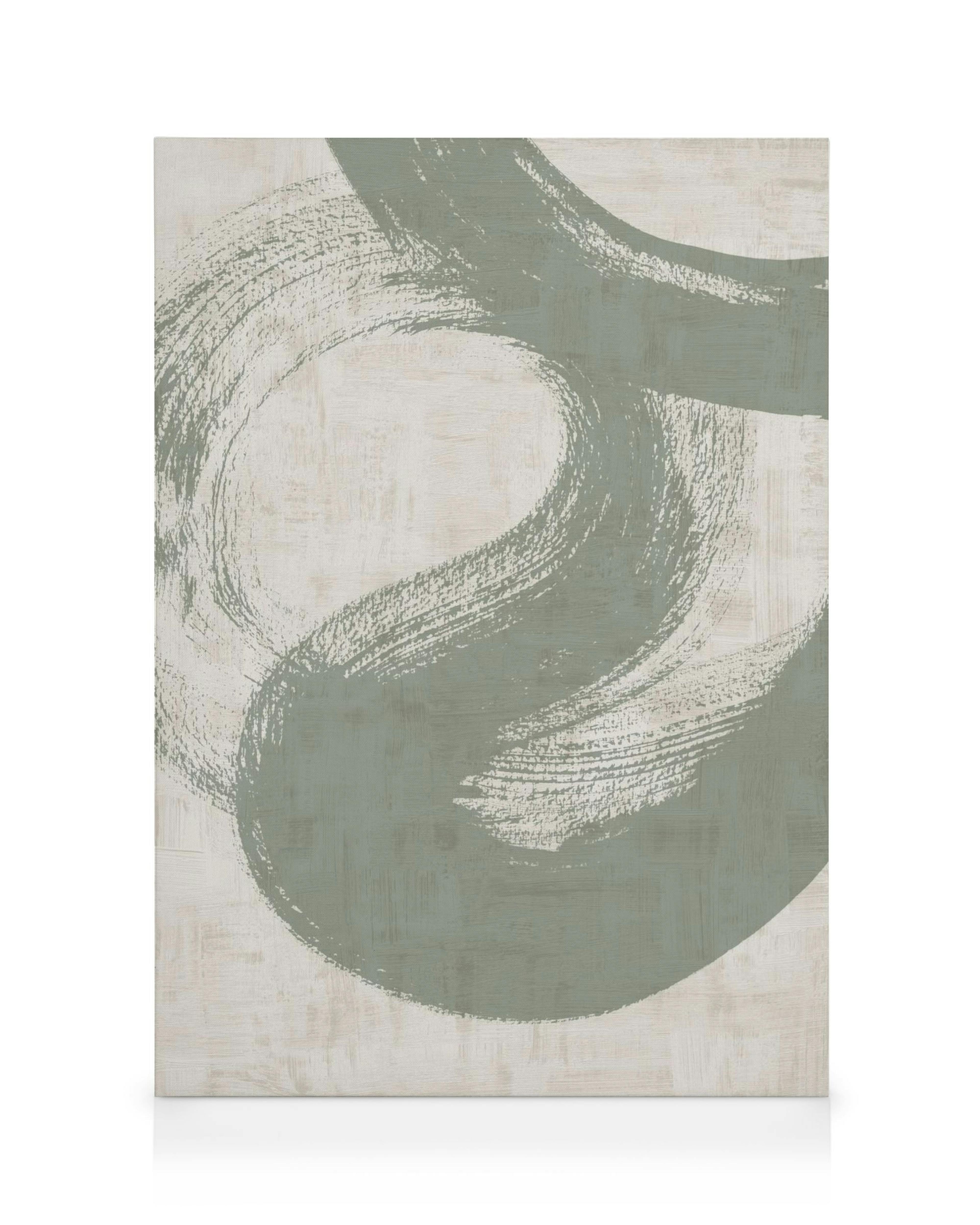 Grünes, abstraktes Leinwandbild mit geschwungenen Pinselstrichen auf hellem Hintergrund, Green Abstraction No1.