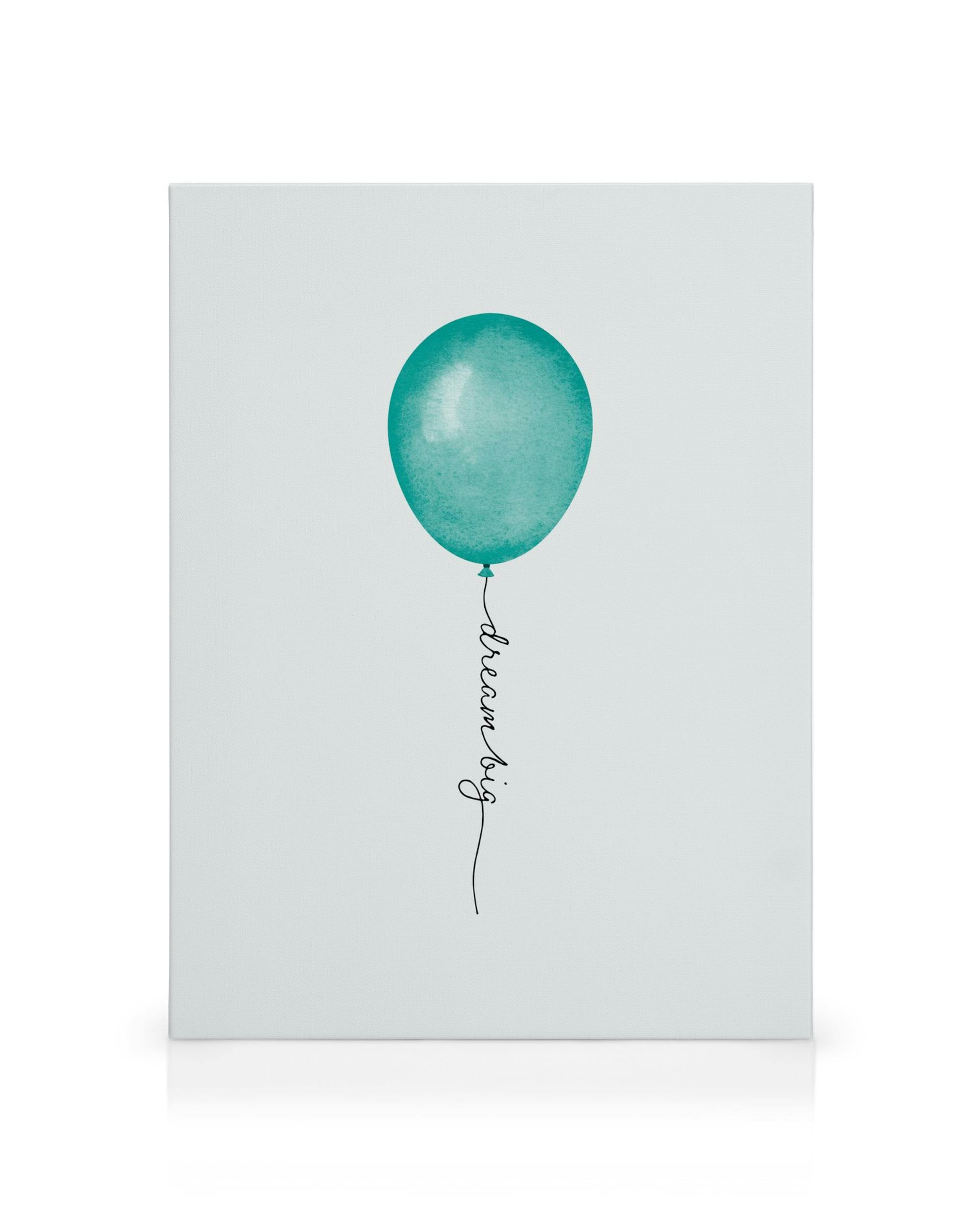 Türkisfarbenes Aquarell-Luftballon-Leinwandbild mit schwarzem dream big-Schriftzug, schlichtes Design.