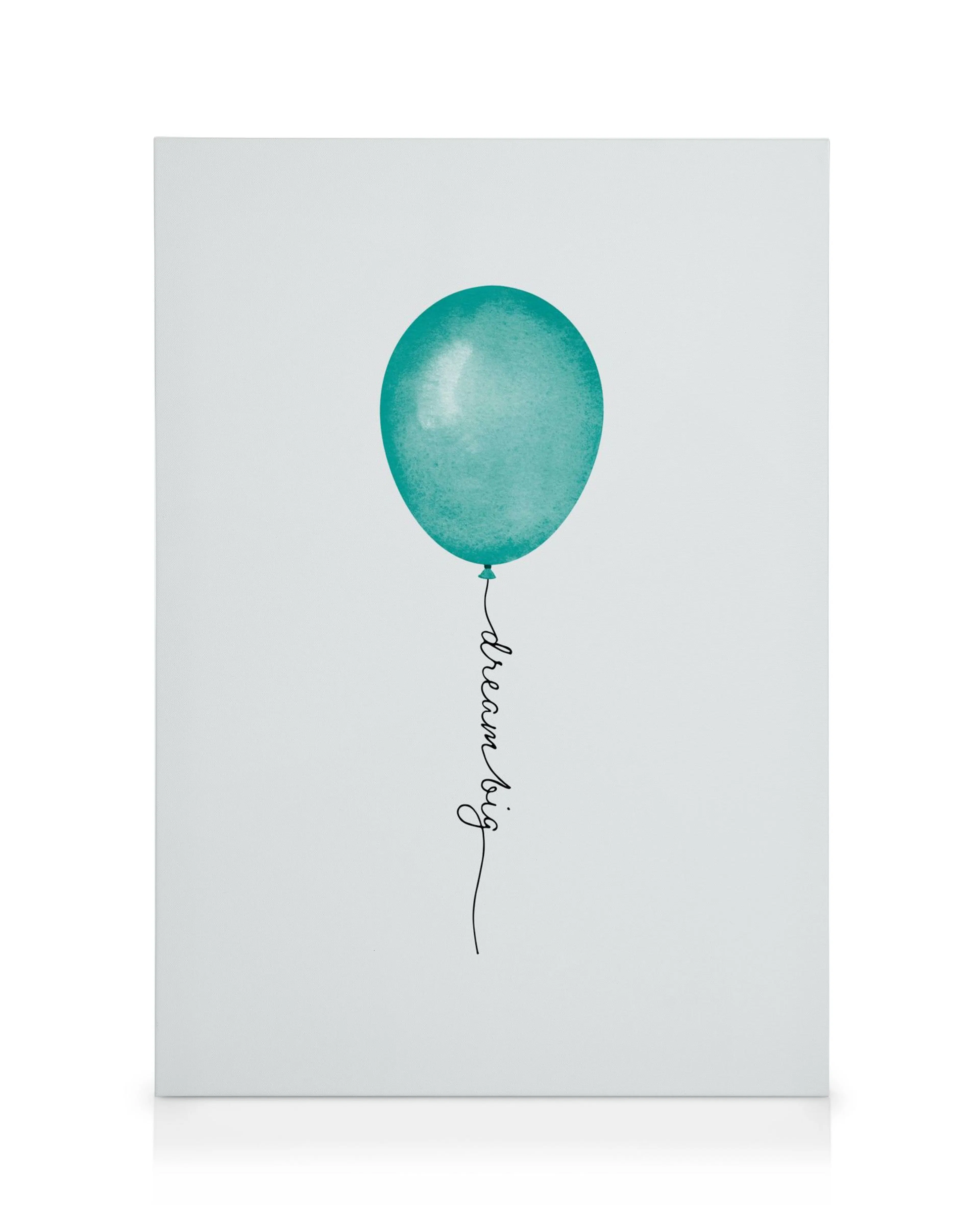 Turkos canvas med en glänsande ballong och kursiv text dream big, perfekt för barnrummet.