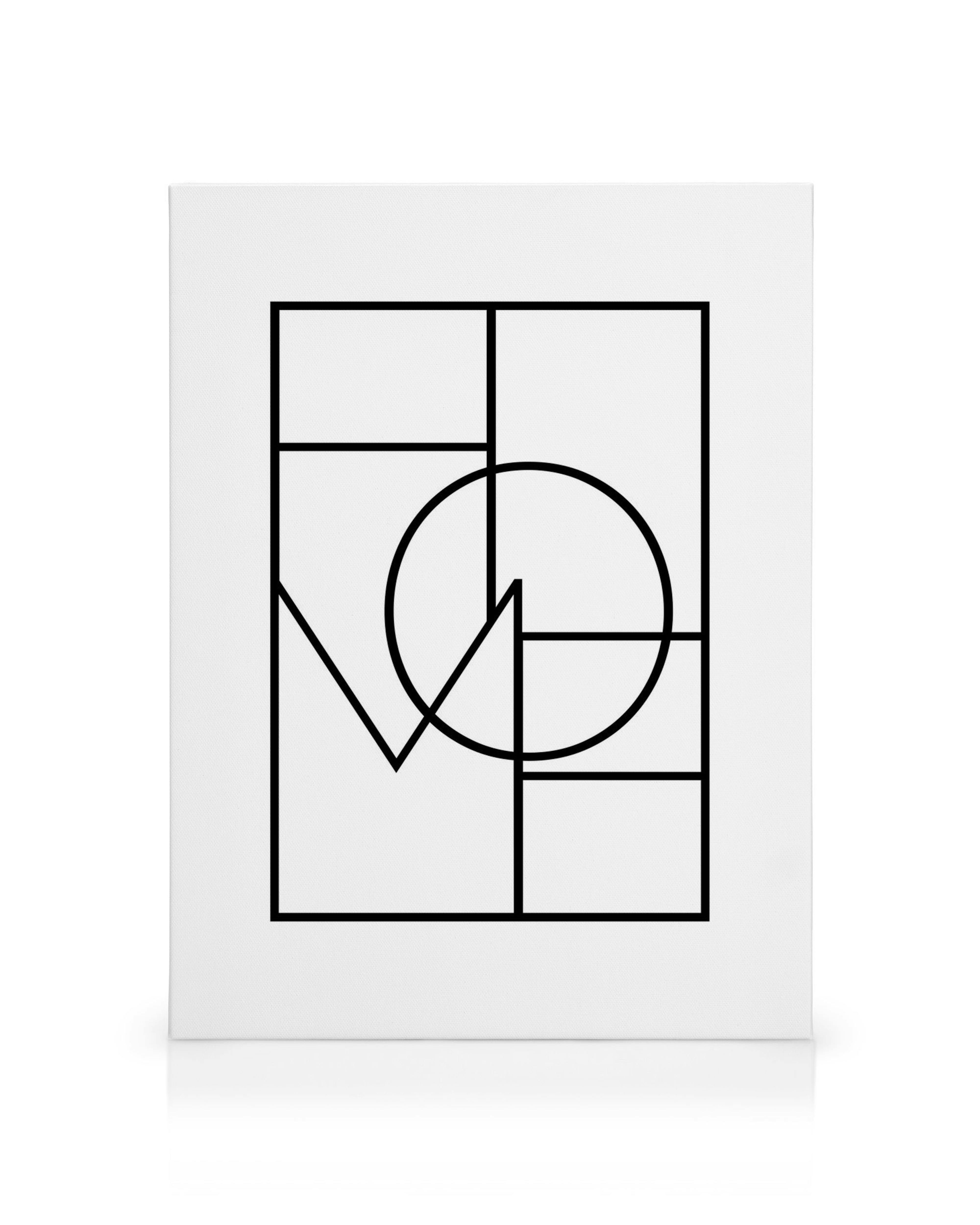 Stampa su tela geometrica minimalista con linee nere, quadrato, rettangoli e cerchio su sfondo bianco.