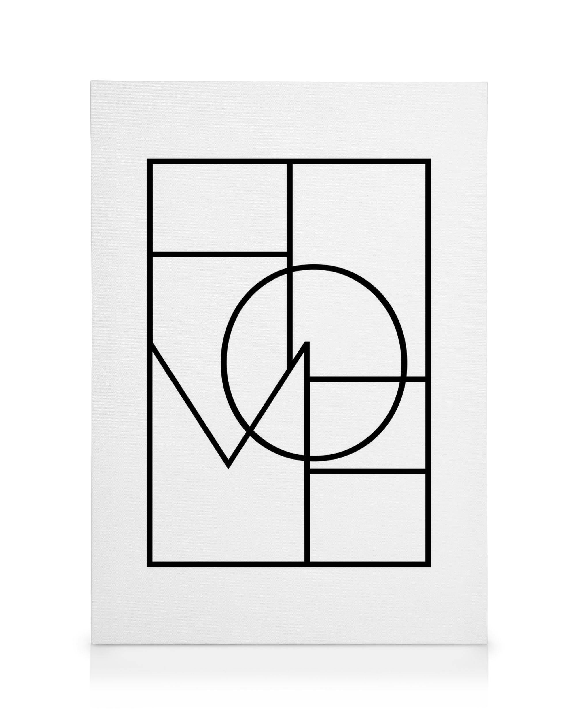 White canvas print with abstract black geometric lines forming the word HOME with a circle as the O.