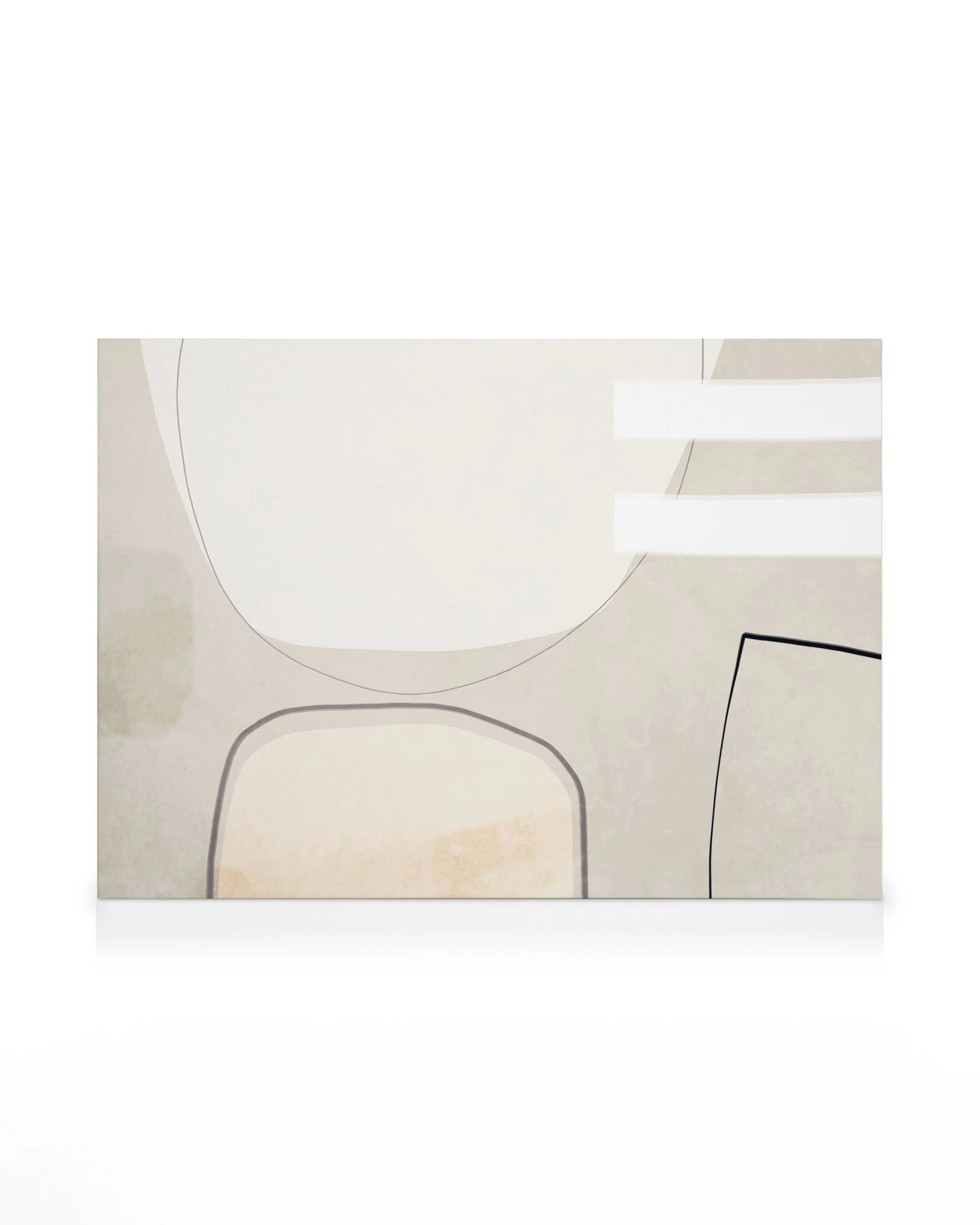 Tela abstrata bege com formas orgânicas pretas, brancas e cinzas, estilo minimalista moderno.