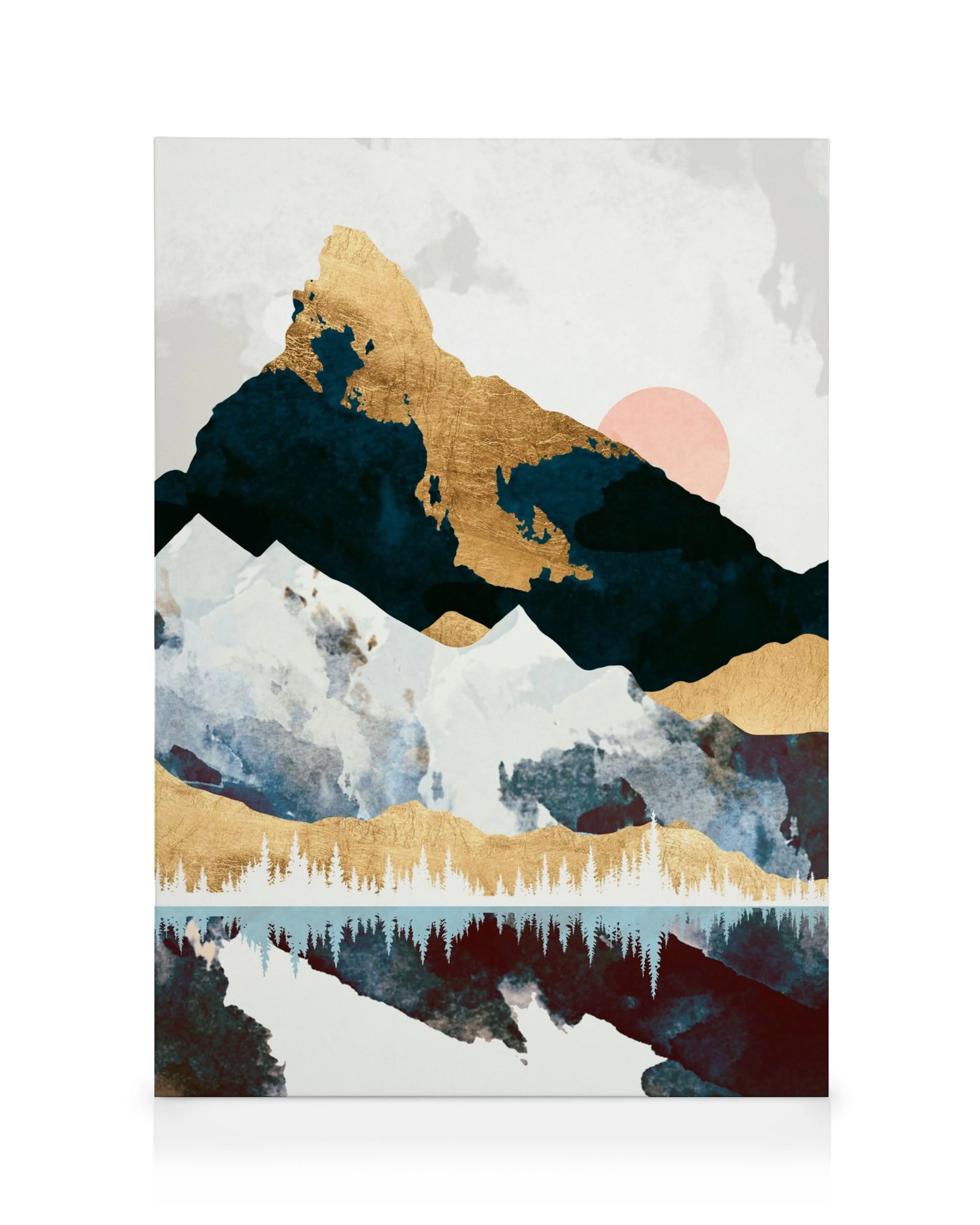 Canvas print of mountains in gold, blue, and white with a pink sun, lake, and trees in a paper cut-out style.