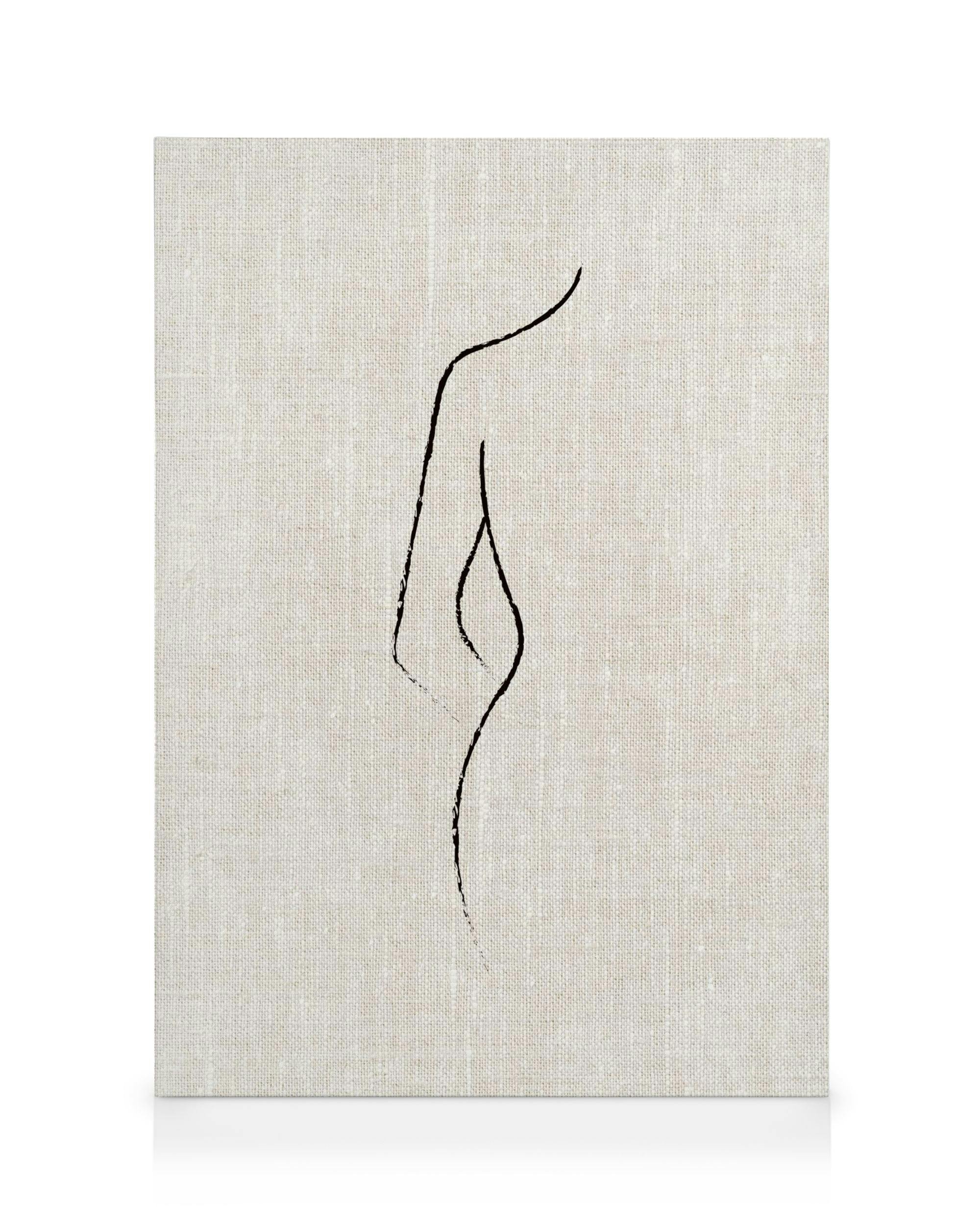 Beige canvas print with a black textured line forming a curves. Minimal abstract body line art.