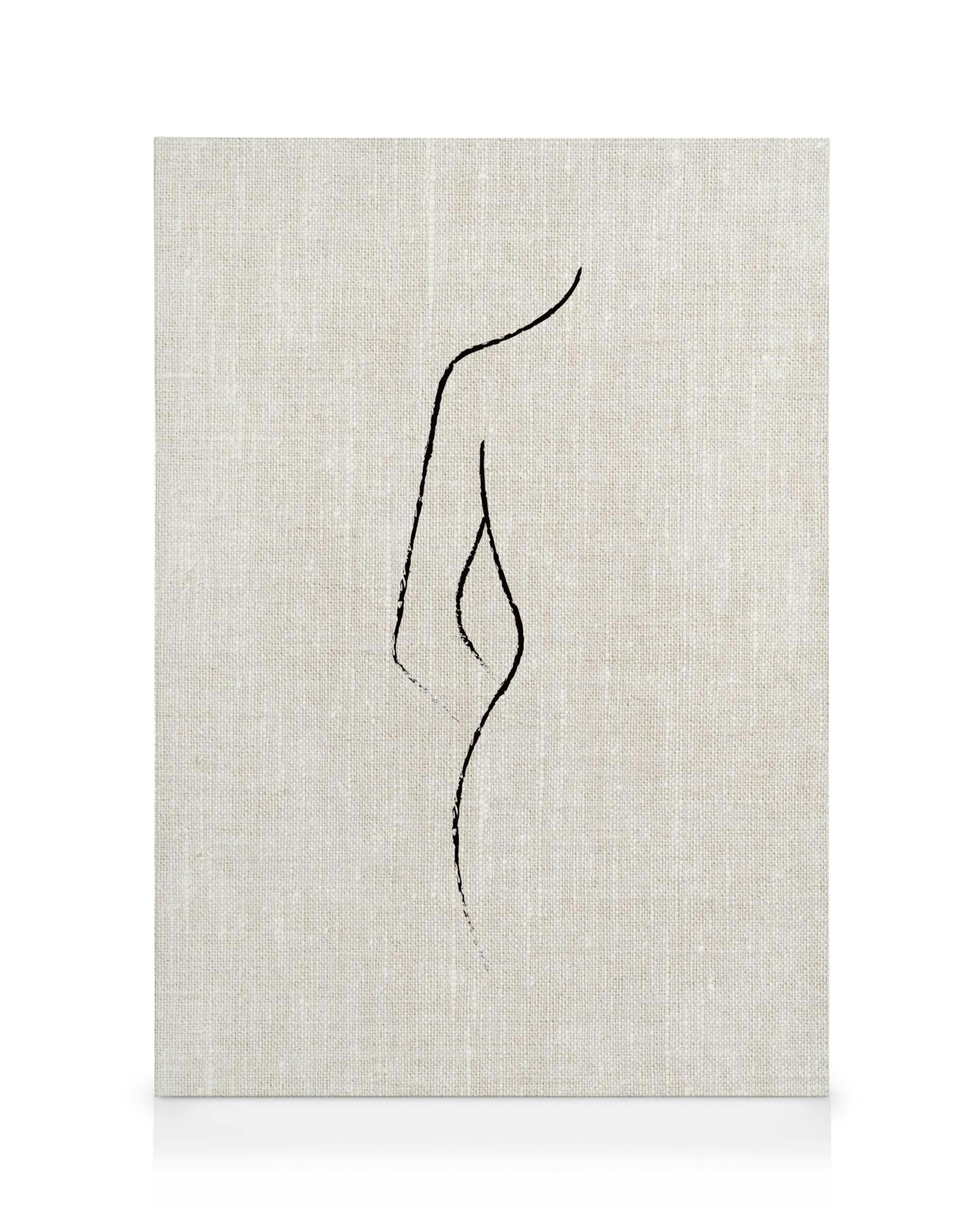 Beige canvas print with a black textured line forming a curves. Minimal abstract body line art.