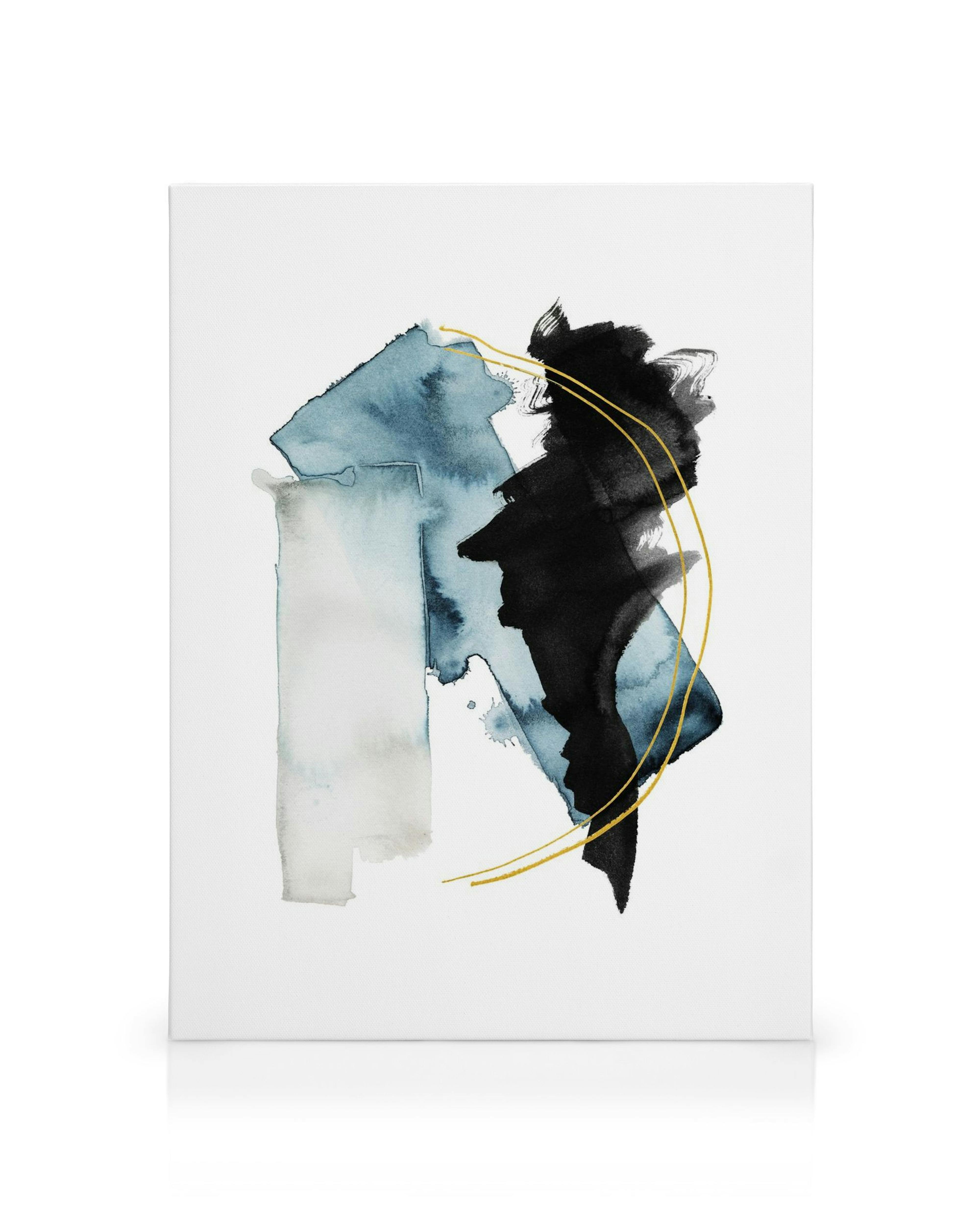 Lienzo abstracto con manchas acuarela azul y negra, líneas curvas doradas sobre fondo blanco. Arte de pared.