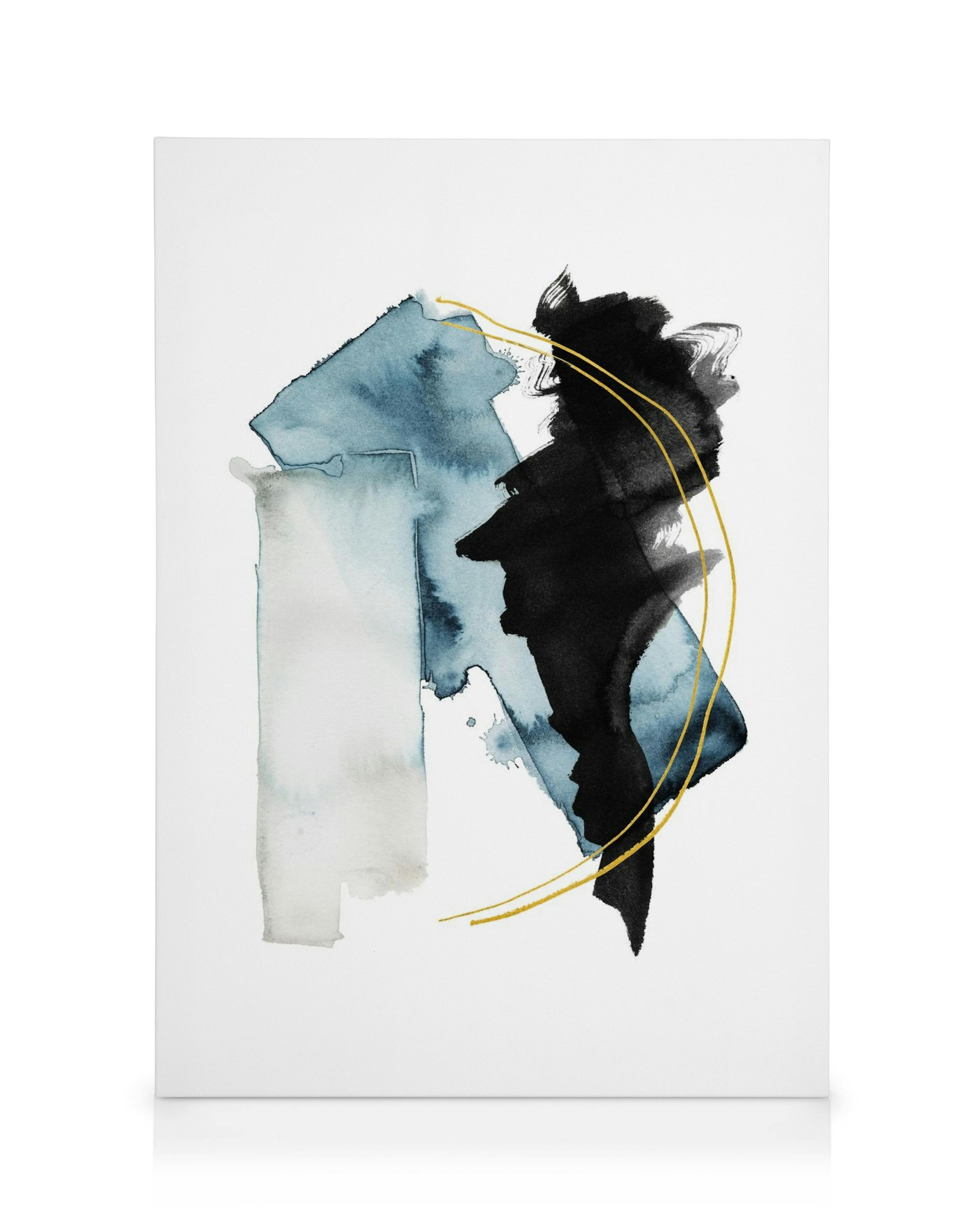 Obraz na płótnie: niebiesko-czarne akwarelowe plamy ze złotymi liniami na białym tle, sztuka abstrakcyjna.