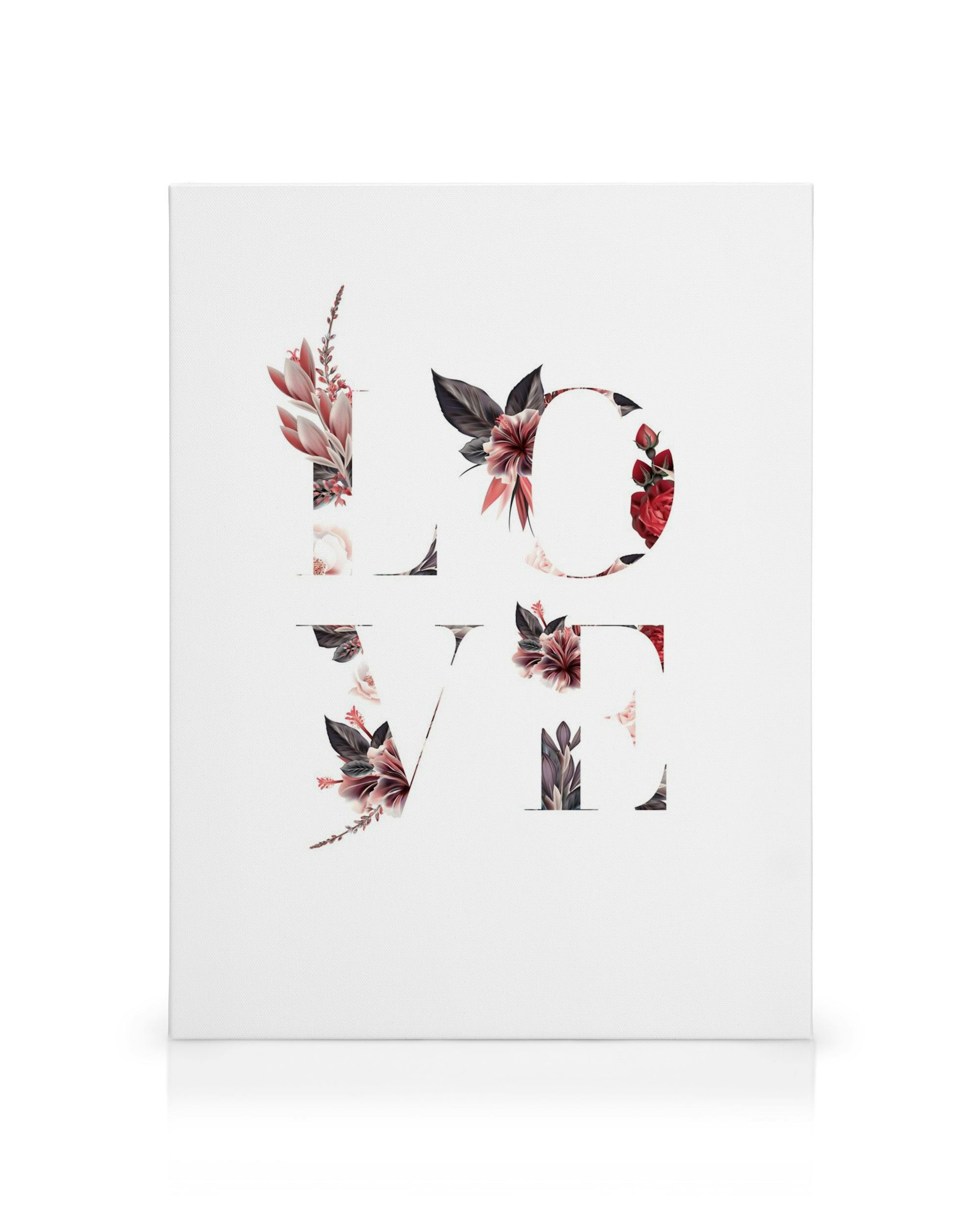 White canvas with the word LOVE spelled out in floral letters, featuring pink and red blossoms.