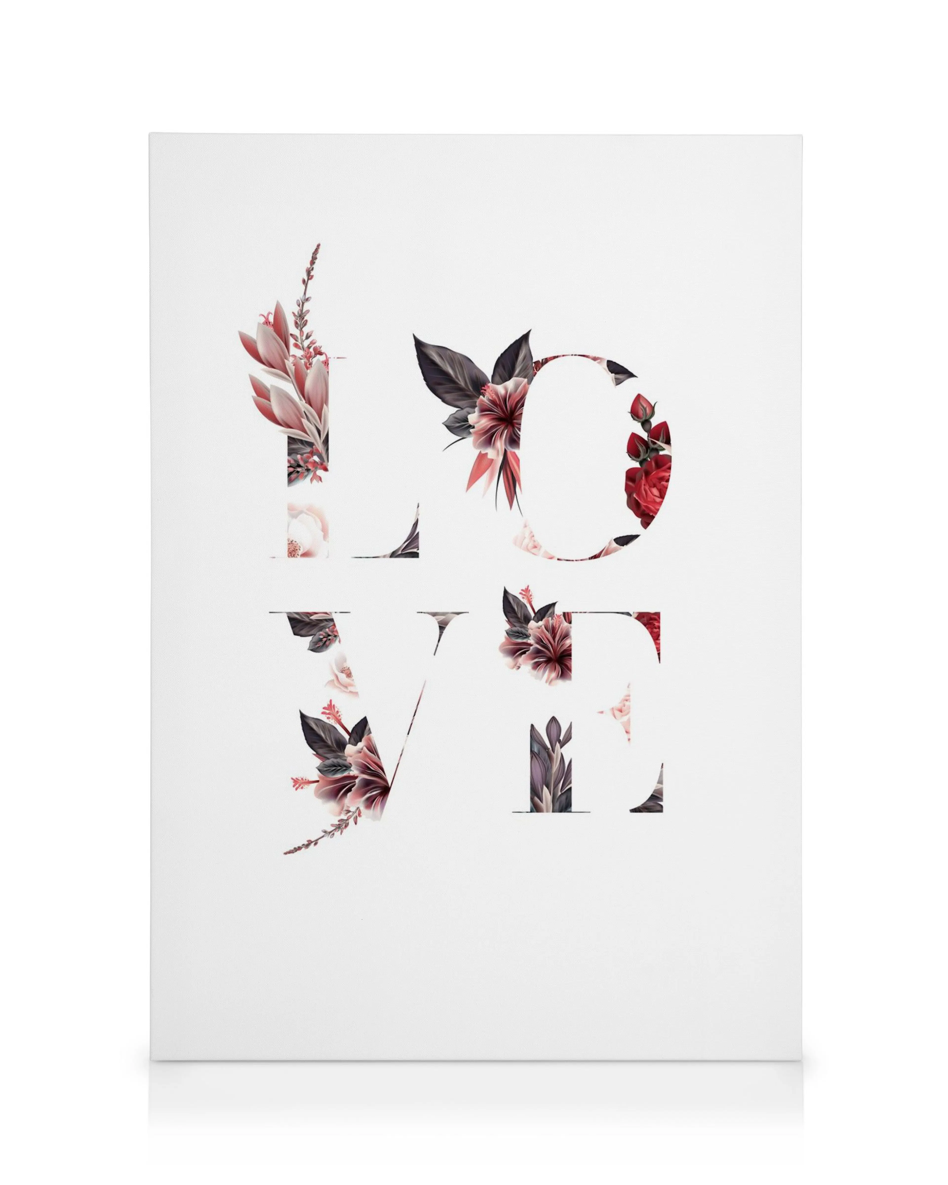 Valkoinen Floral Love -kanvaasi, jossa on tummanpunaisia ja vaaleanpunaisia kukkia, jotka muodostavat sanan LOVE.