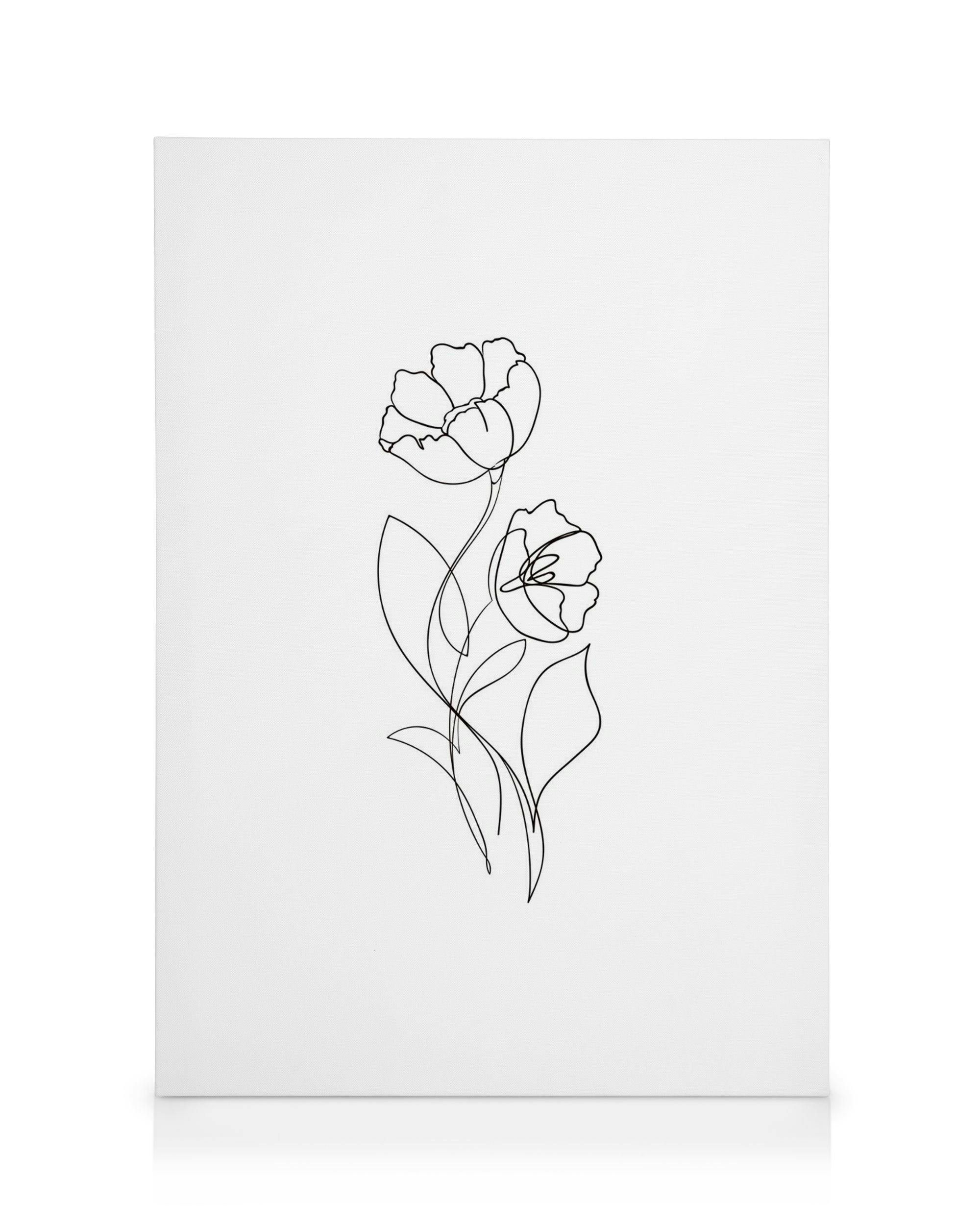 Black line art featuring two flowers with stems and leaves on a white background, perfect for minimalist decor.