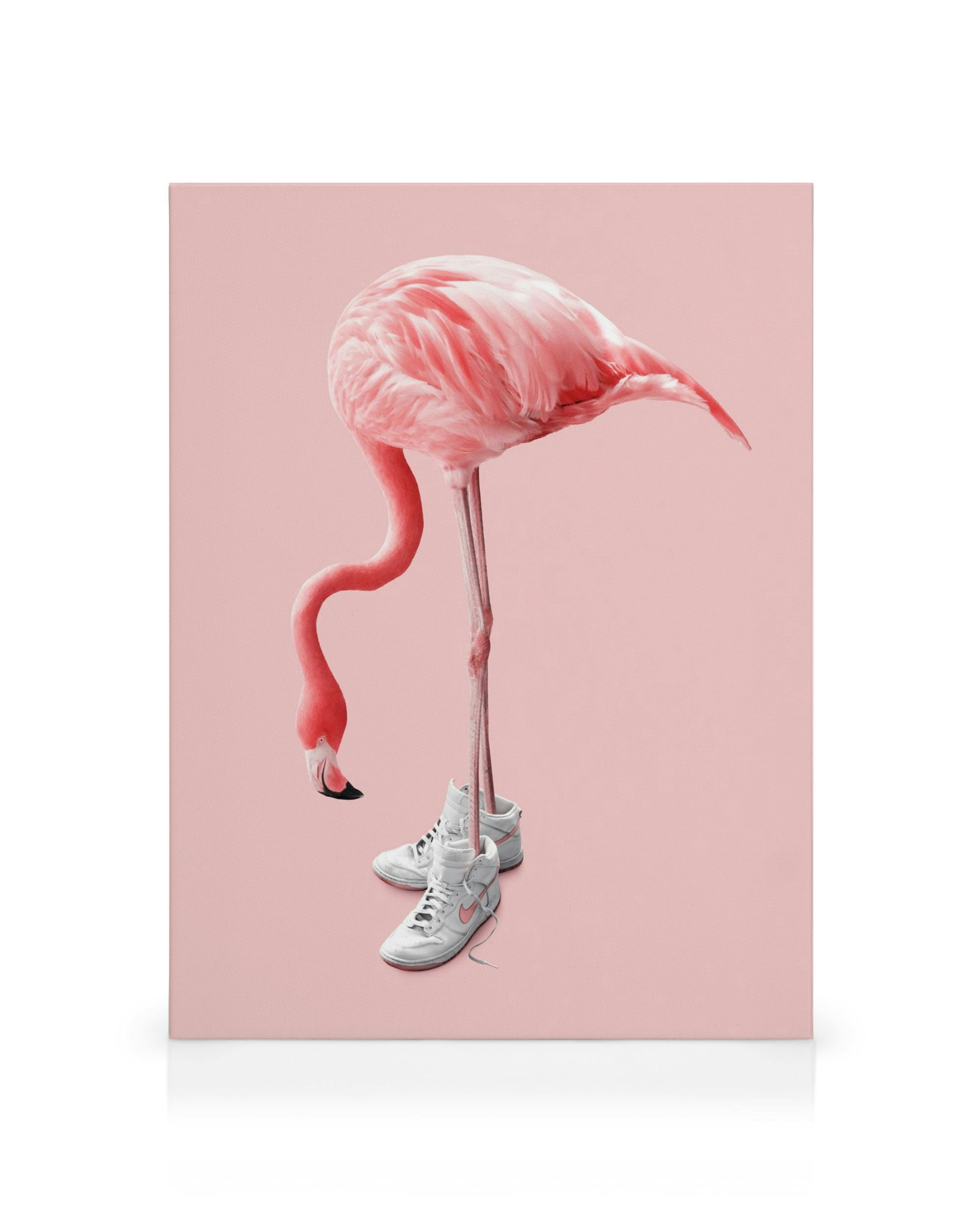 Toile de flamant rose en baskets blanches sur fond rose uni, art moderne.