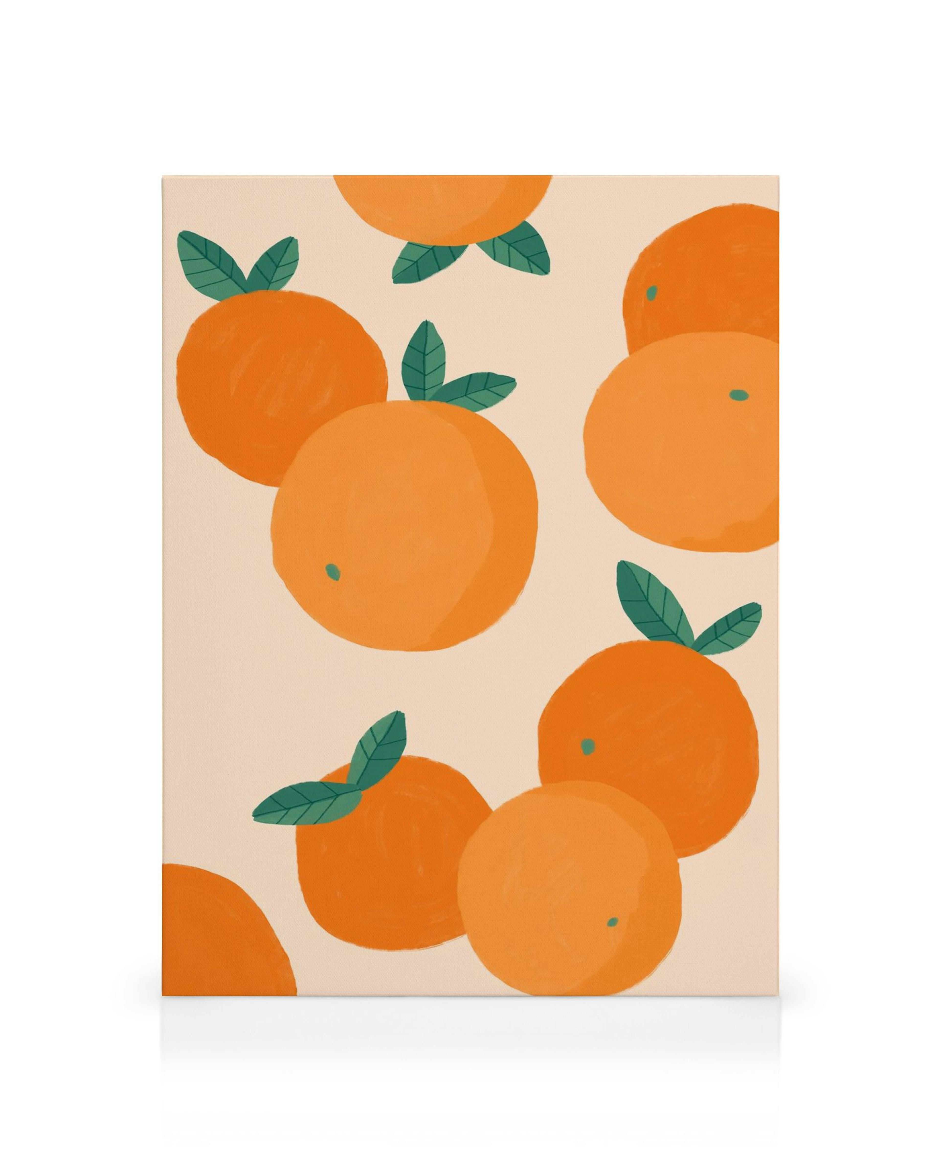 Abstract orange fruit canvas print with overlapping circles and green leaves on a light beige background, graphic style.