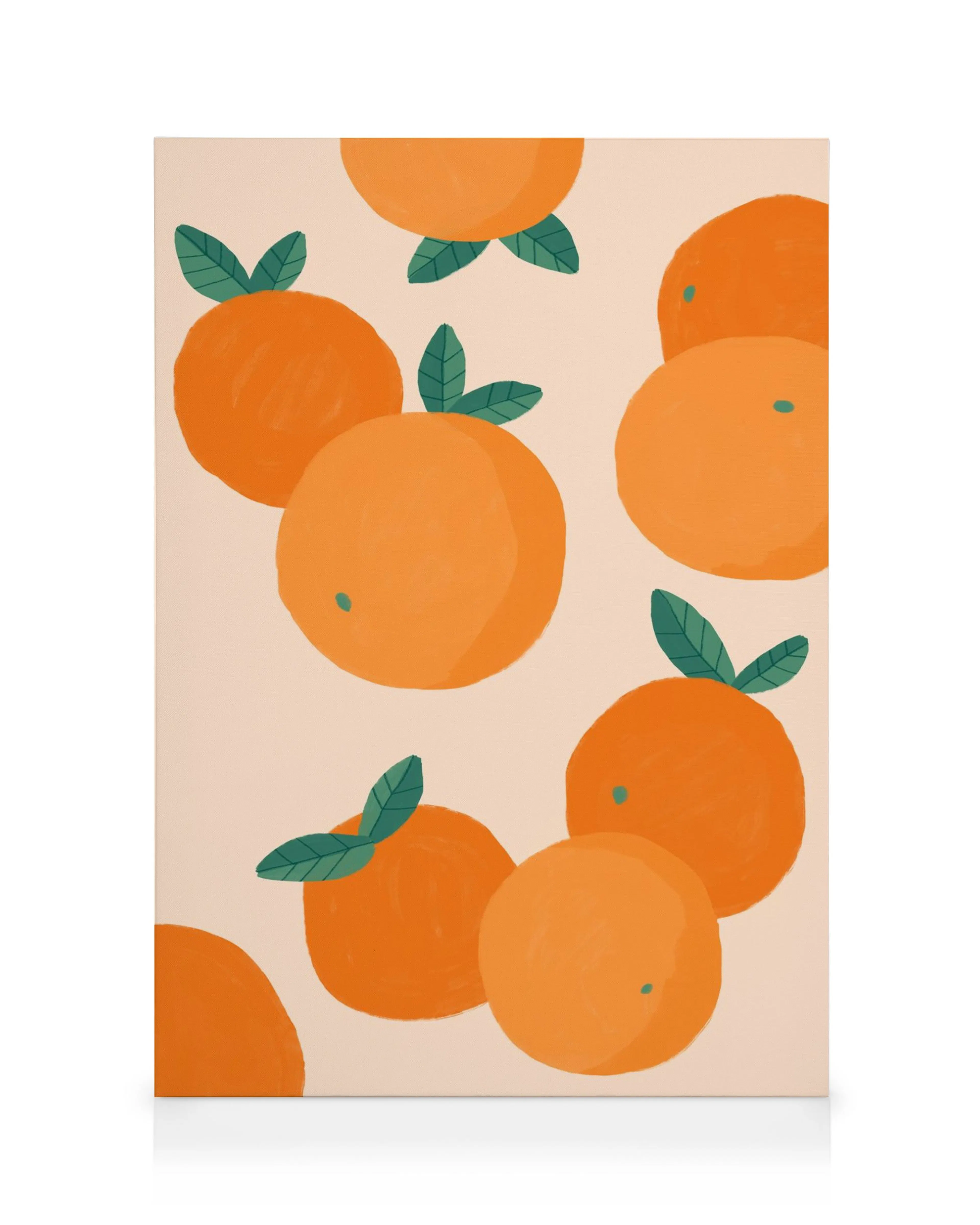 Leinwand mit illustrierten Orangen in warmen Orangetönen und grünen Blättern auf hellem Hintergrund.