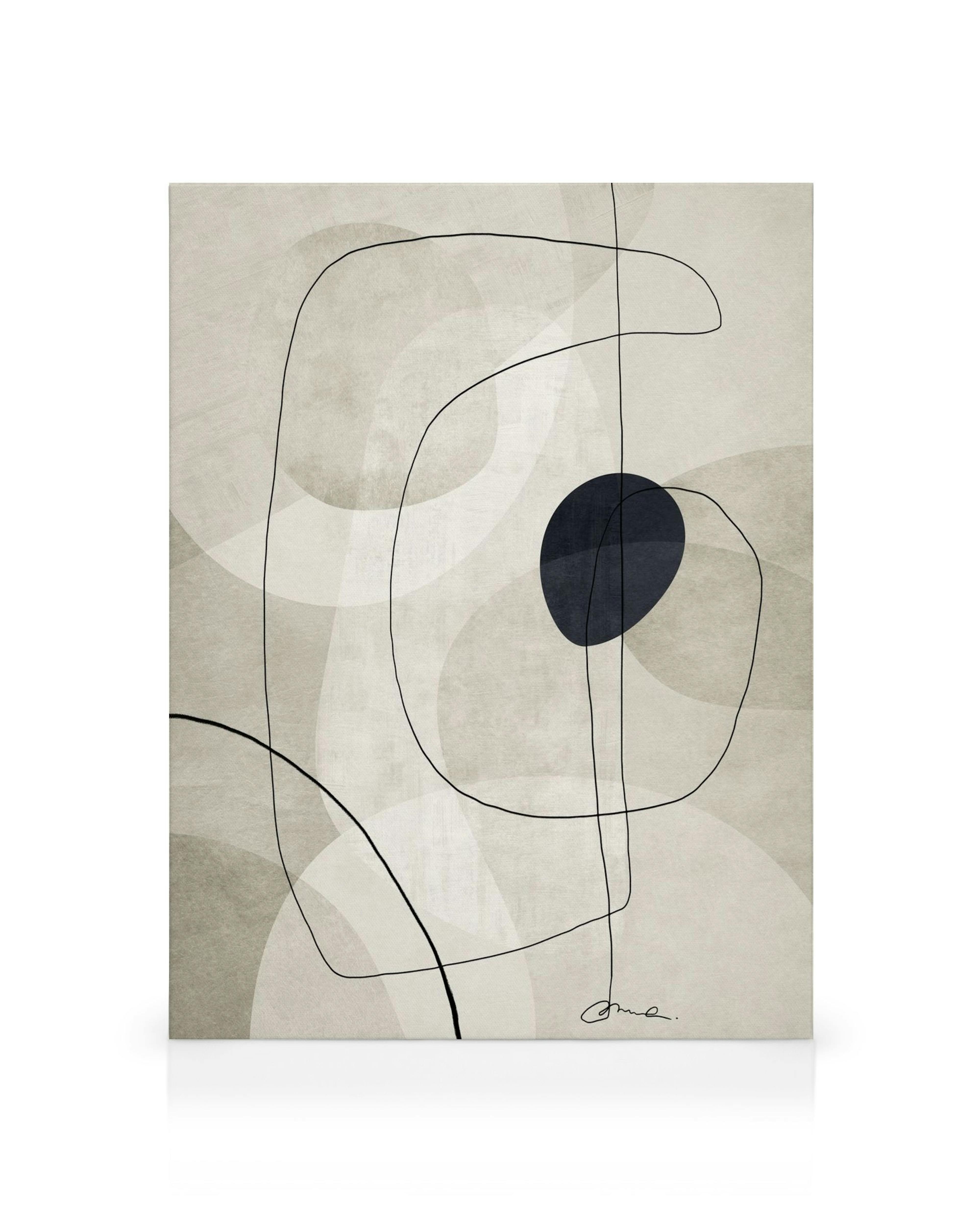 Toile abstraite beige avec formes grises, blanches et cercle bleu foncé, lignes courbes noires