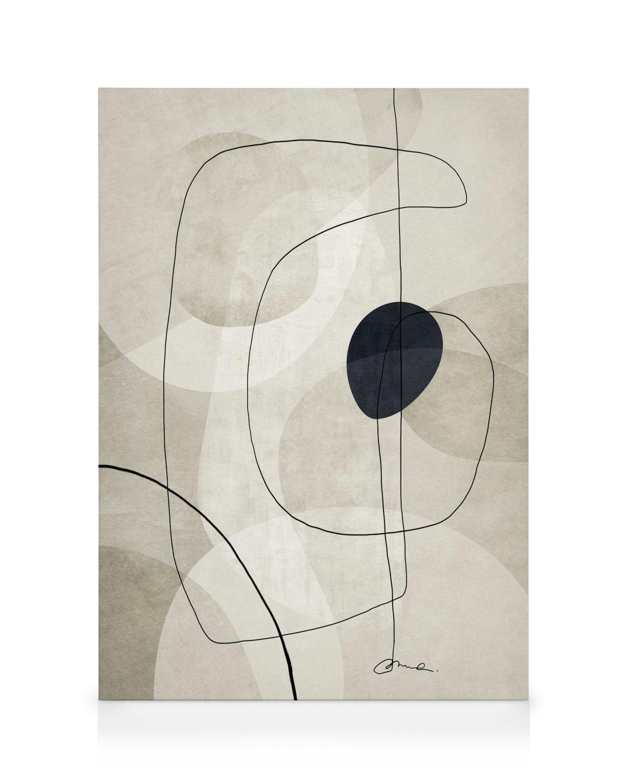 Toile abstraite beige avec des formes, un cercle bleu foncé et des lignes noires courbes