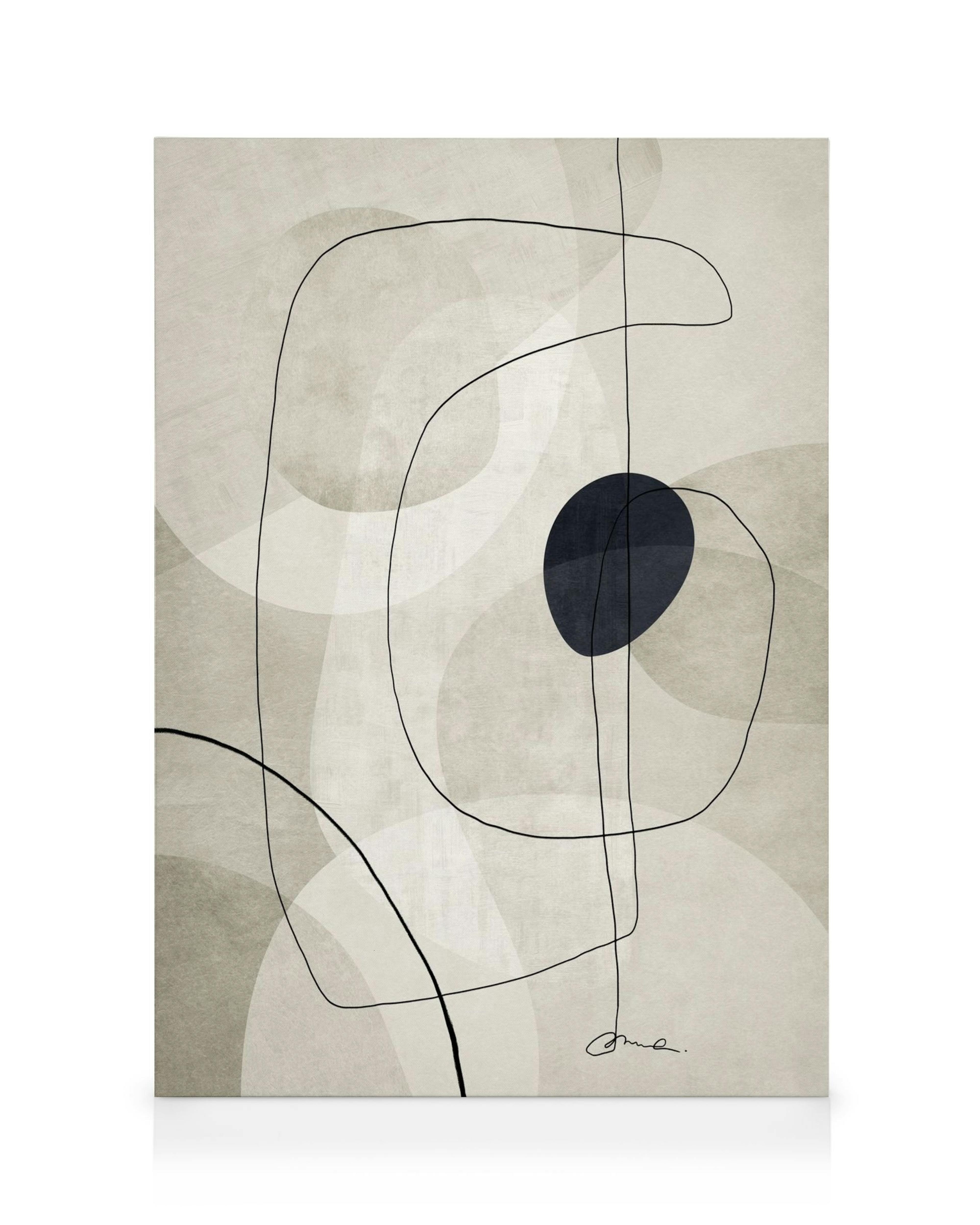 Toile abstraite beige avec des formes, un cercle bleu foncé et des lignes noires courbes