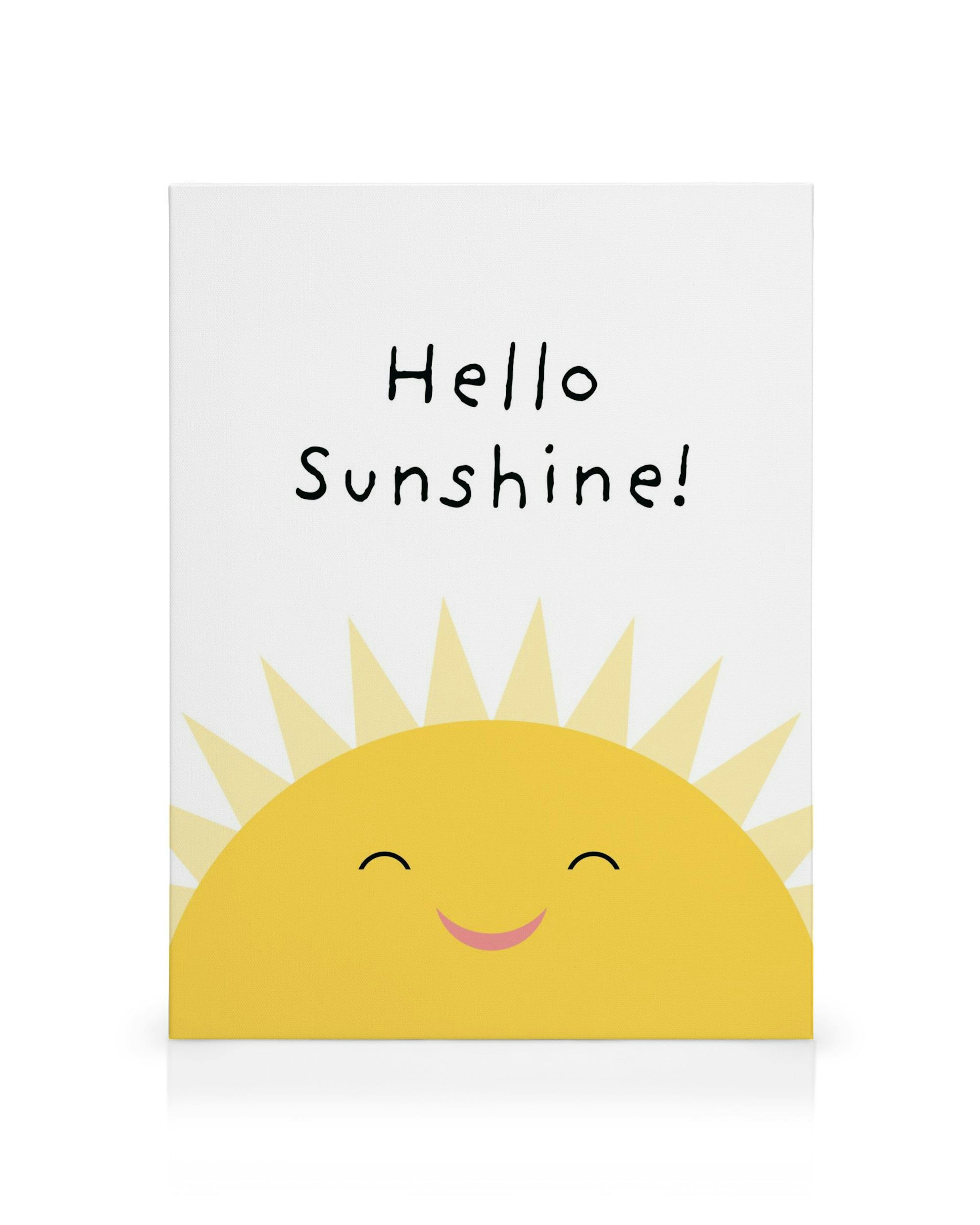 Leinwandbild mit lächelnder gelber Sonne und schwarzem Hello Sunshine! Text auf weißem Hintergrund, Kinderzimmer Wandkunst