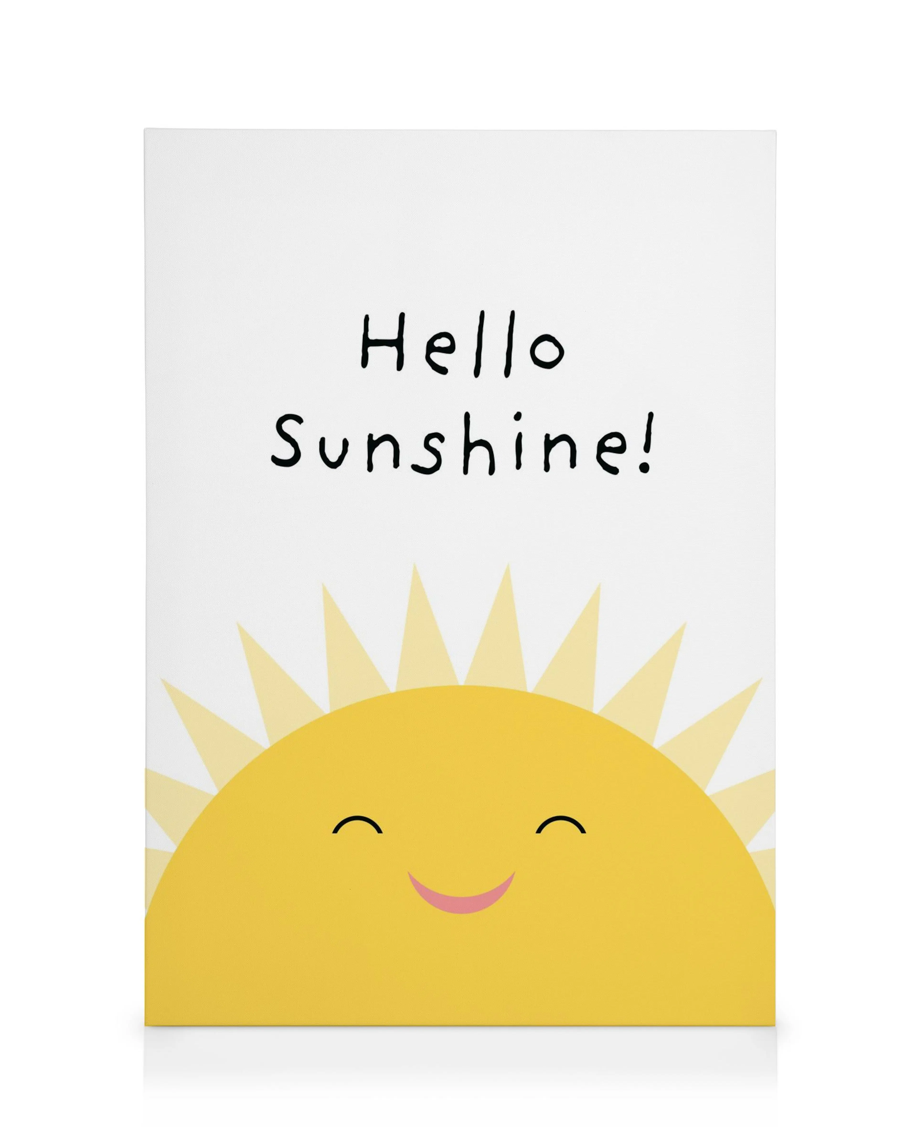 Canvastavla med en leende gul sol och texten Hello Sunshine! på en vit bakgrund, perfekt för barnrummet.