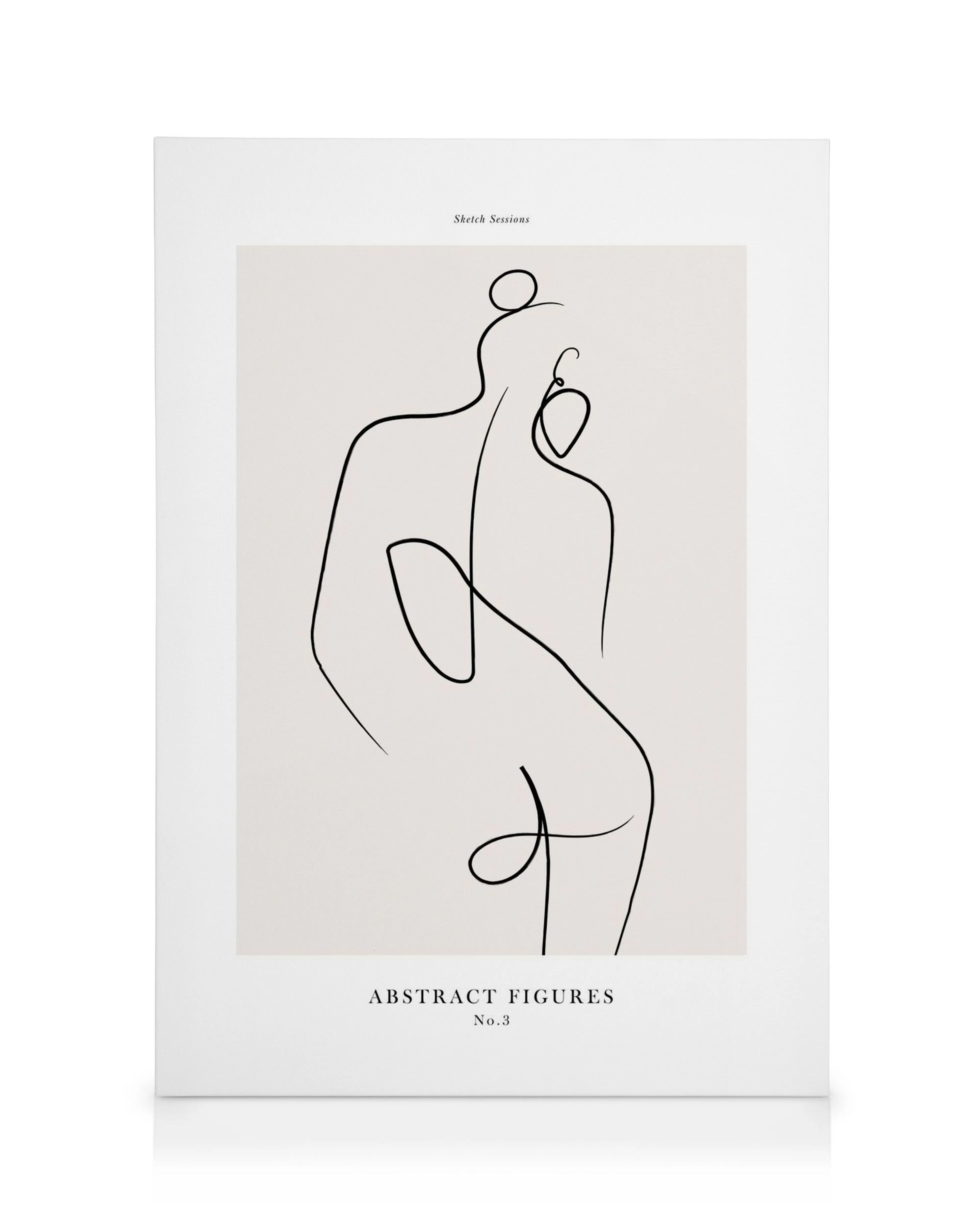 Toile avec un dessin au trait noir minimaliste dune figure humaine abstraite sur un fond beige, typographie Abstract Figures No.