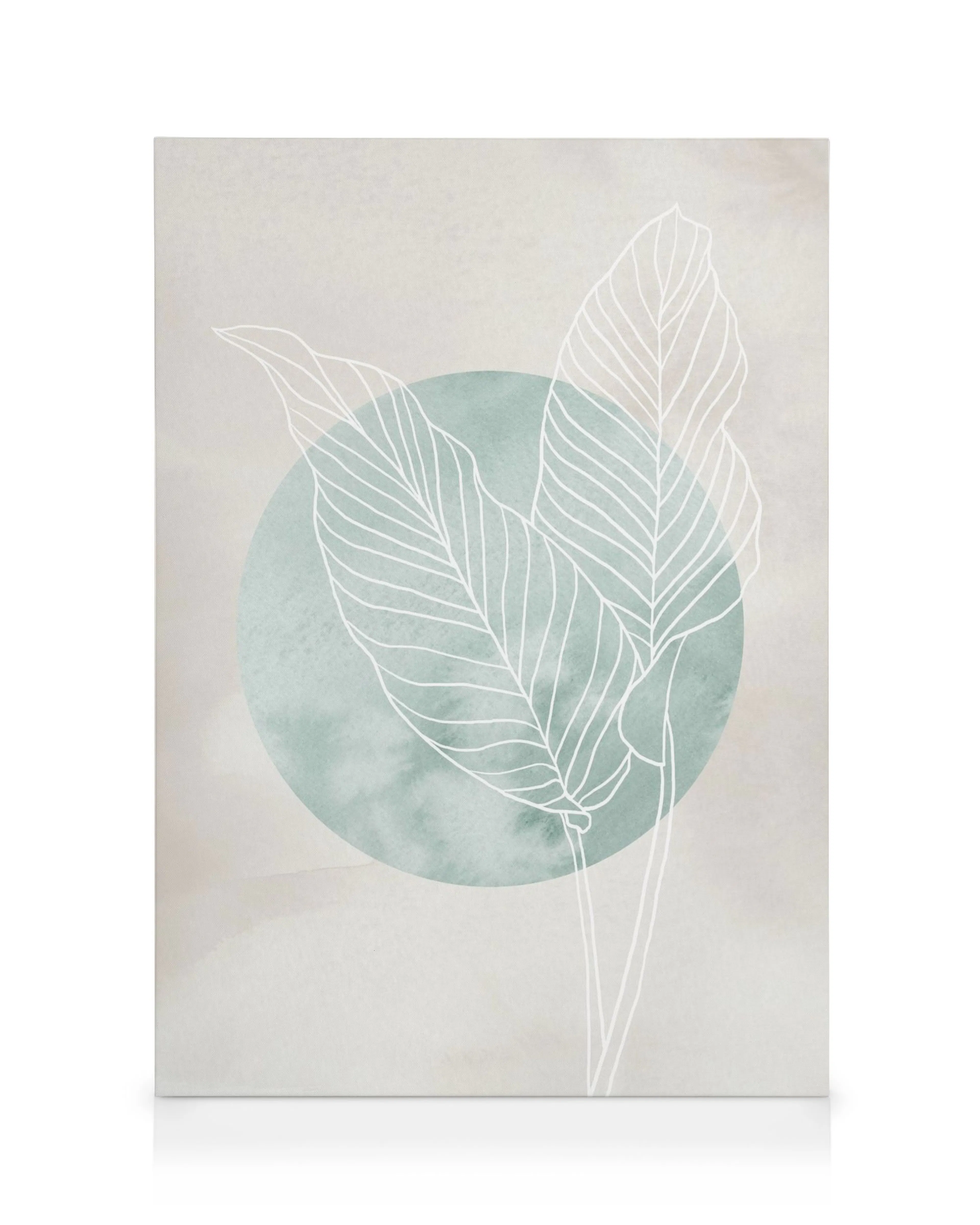 Toile Calathea avec trois feuilles blanches sur un cercle vert et fond beige texturé