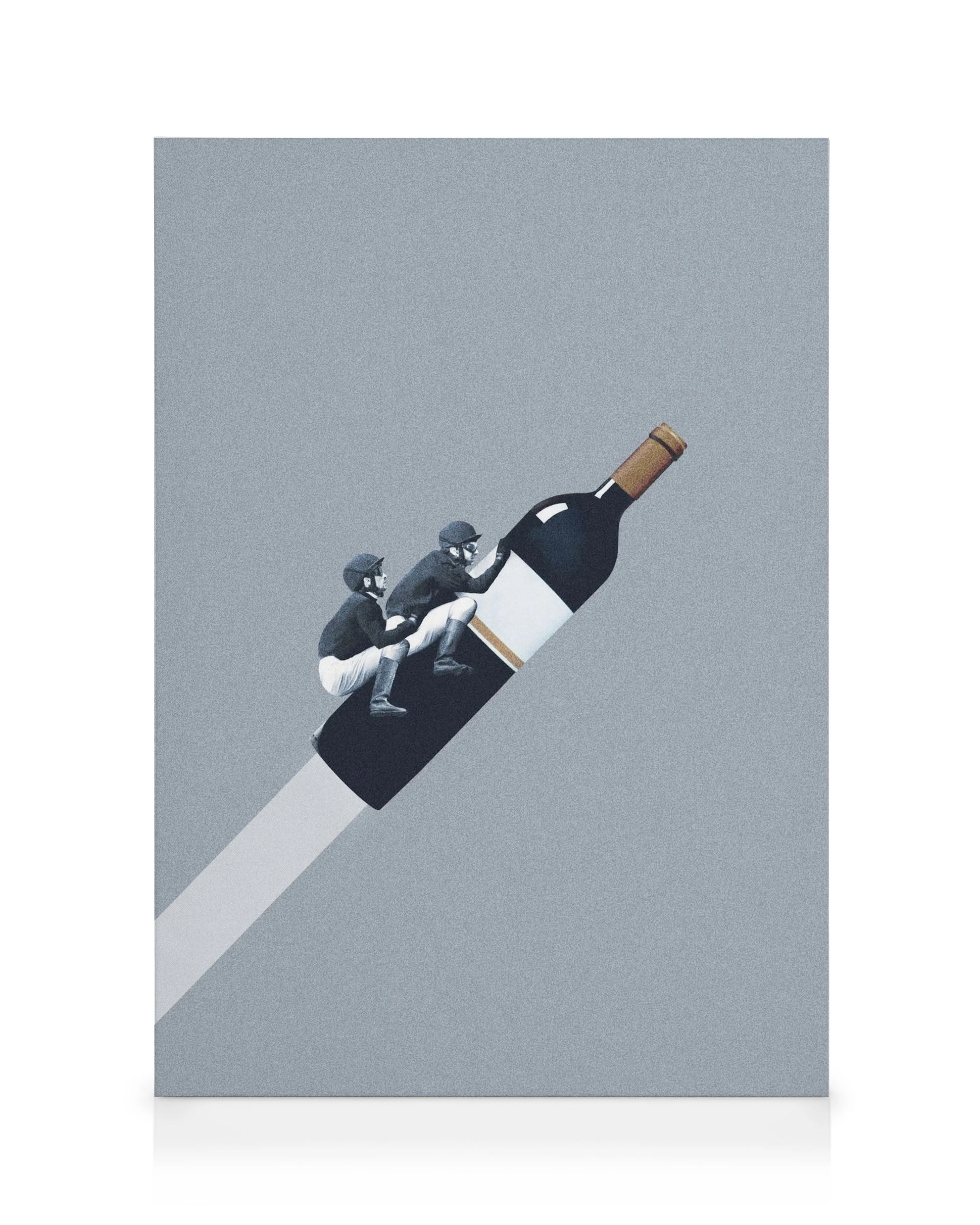 Conceptual art canvas print of two jockeys riding a wine bottle like a rocket, against a textured gray background.