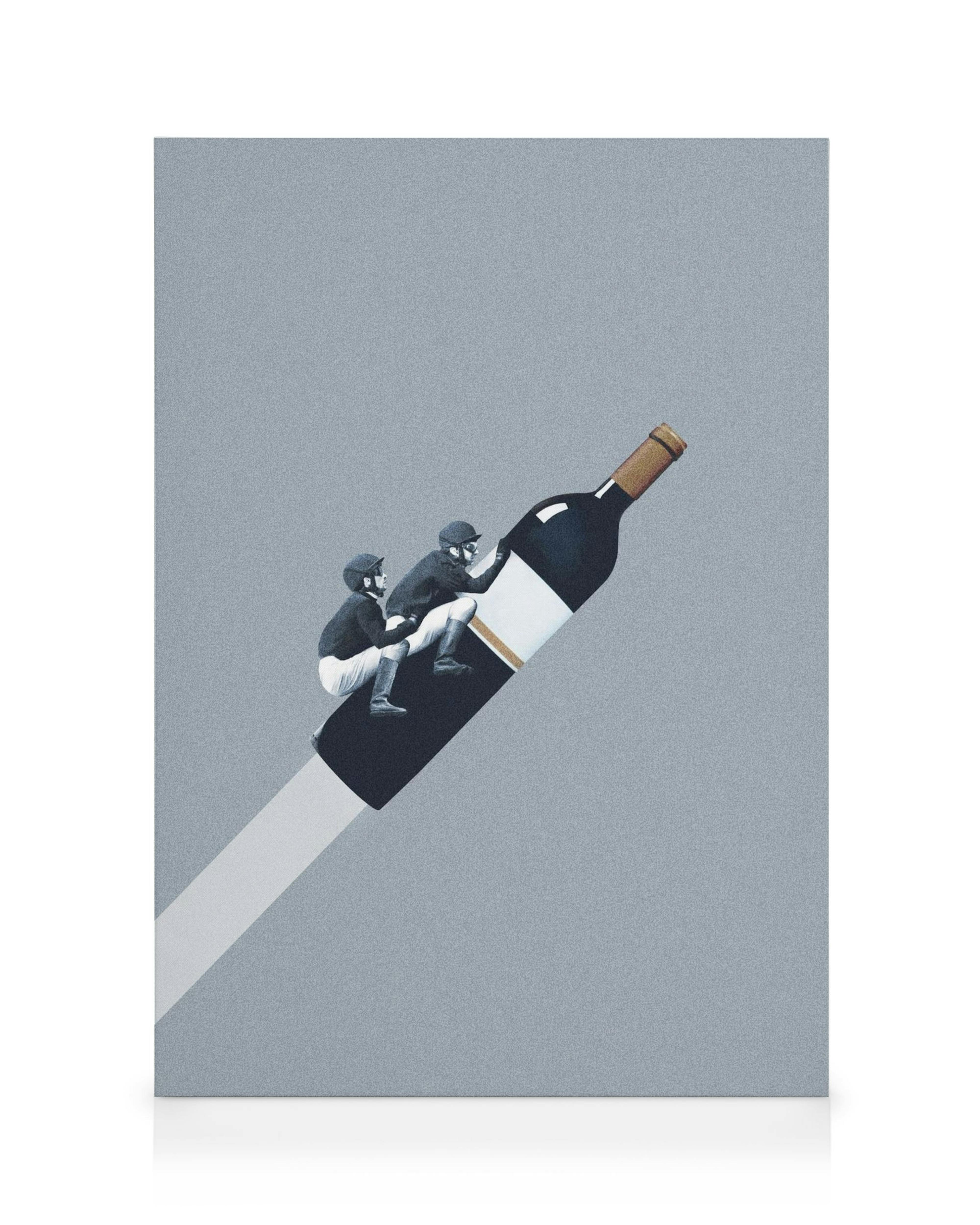 Maarten Leonin kanvaasi: kaksi ratsastajaa ratsastaa viinipullolla, joka ampuu ulos valkoisen savupilven harmaata taustaa vasten