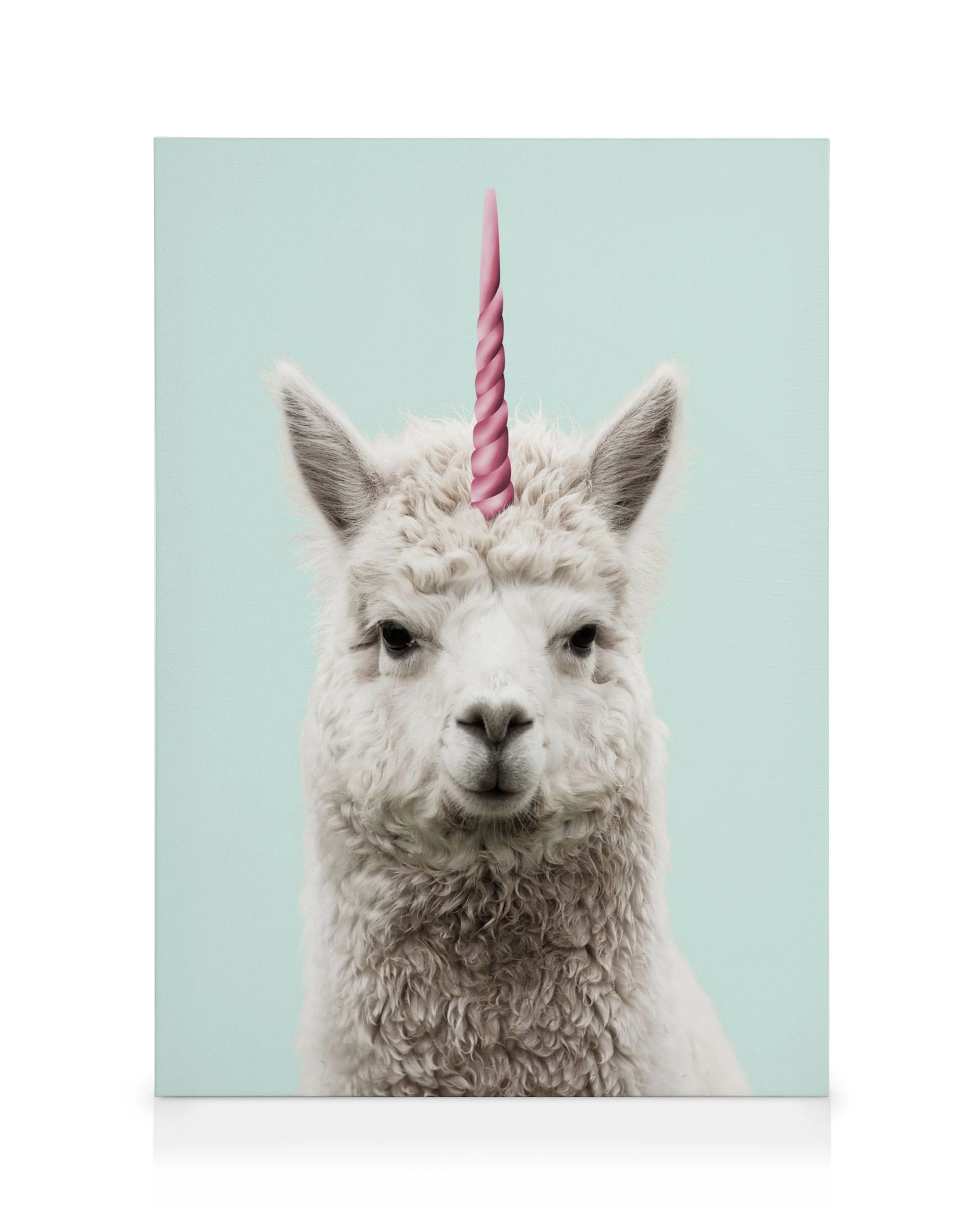 Leinwandbild Lamacorn, weißes Lama mit rosa Einhorn auf hellblauem Hintergrund, Wandkunst Kinderzimmer