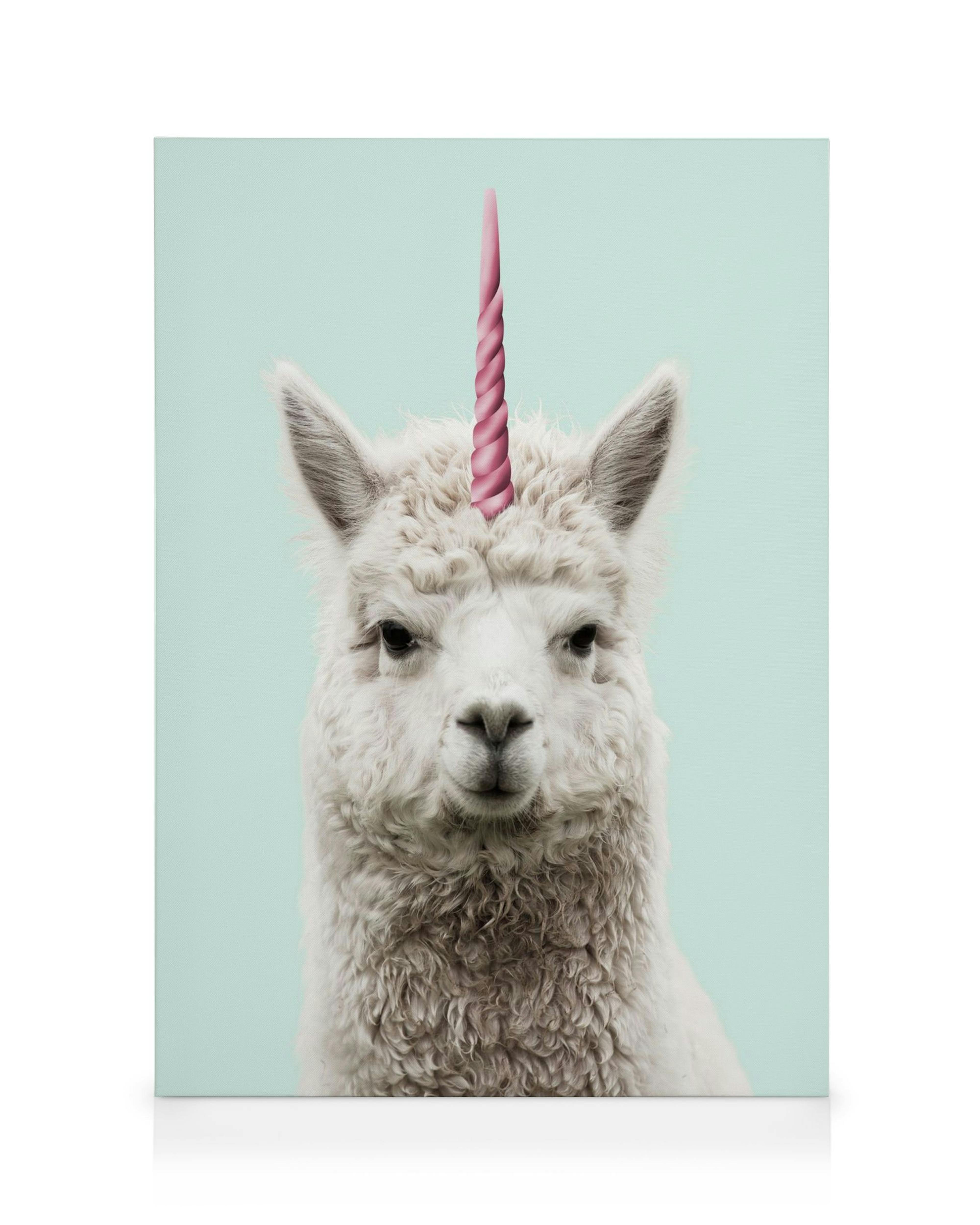 Lamacorn canvas print with a white fluffy alpaca sporting a pink unicorn horn against a light blue background.