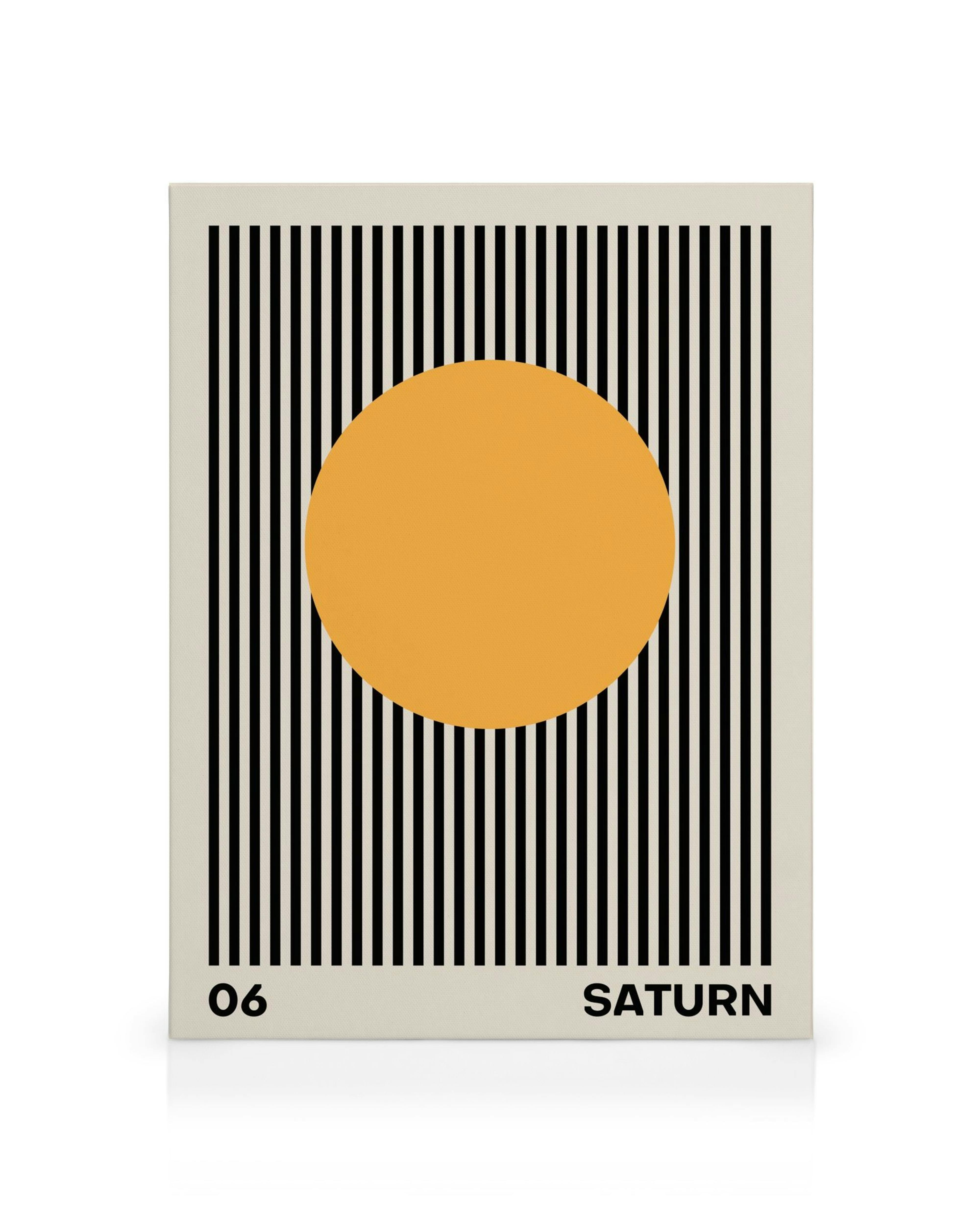 Obraz na plátne Saturn. Žltý kruh na pozadí čiernych a bielych vertikálnych pruhov. Vesmírny motív.