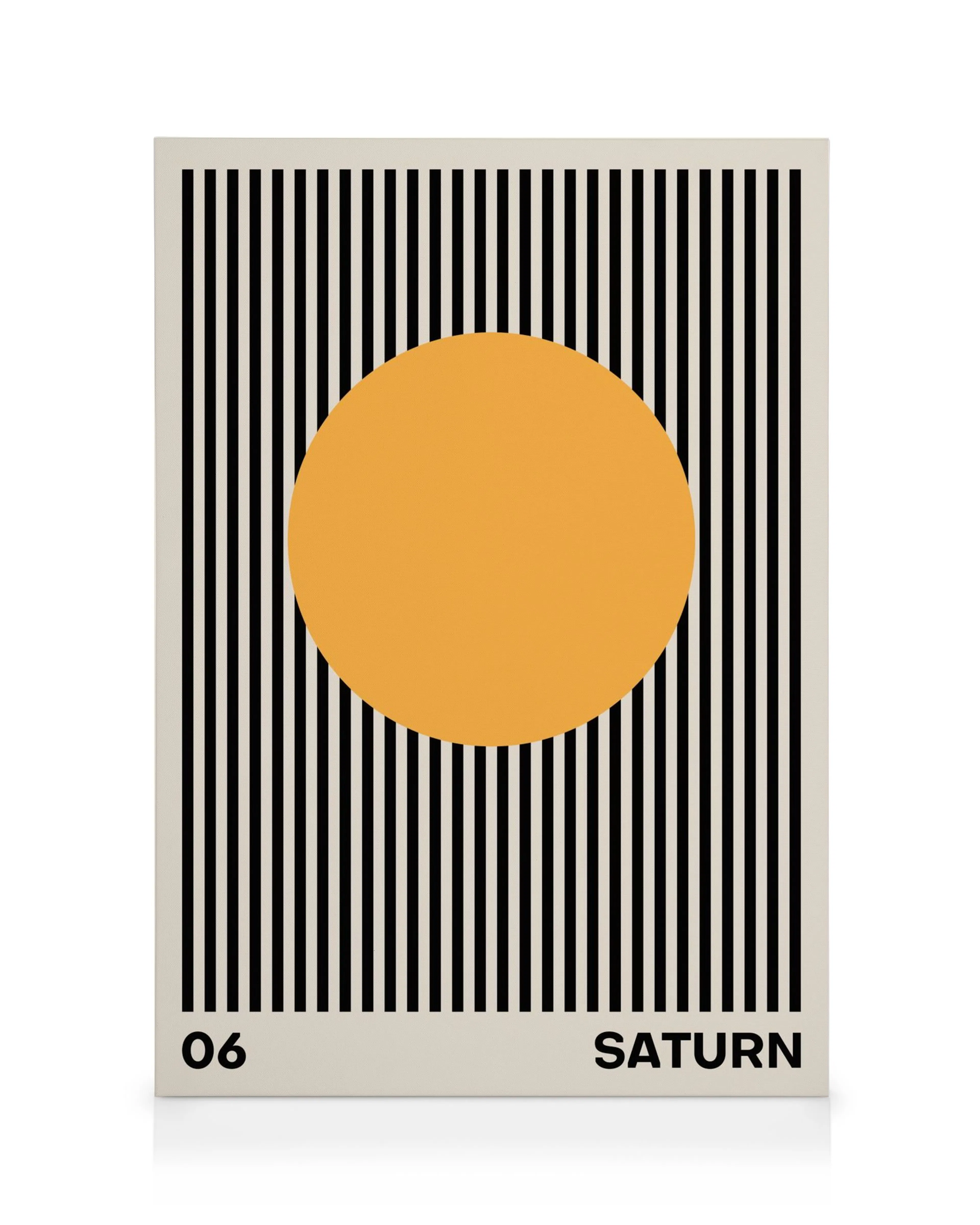 Stampa su tela Saturno arancione su sfondo a strisce bianche e nere, con testo Saturn e numero 06.
