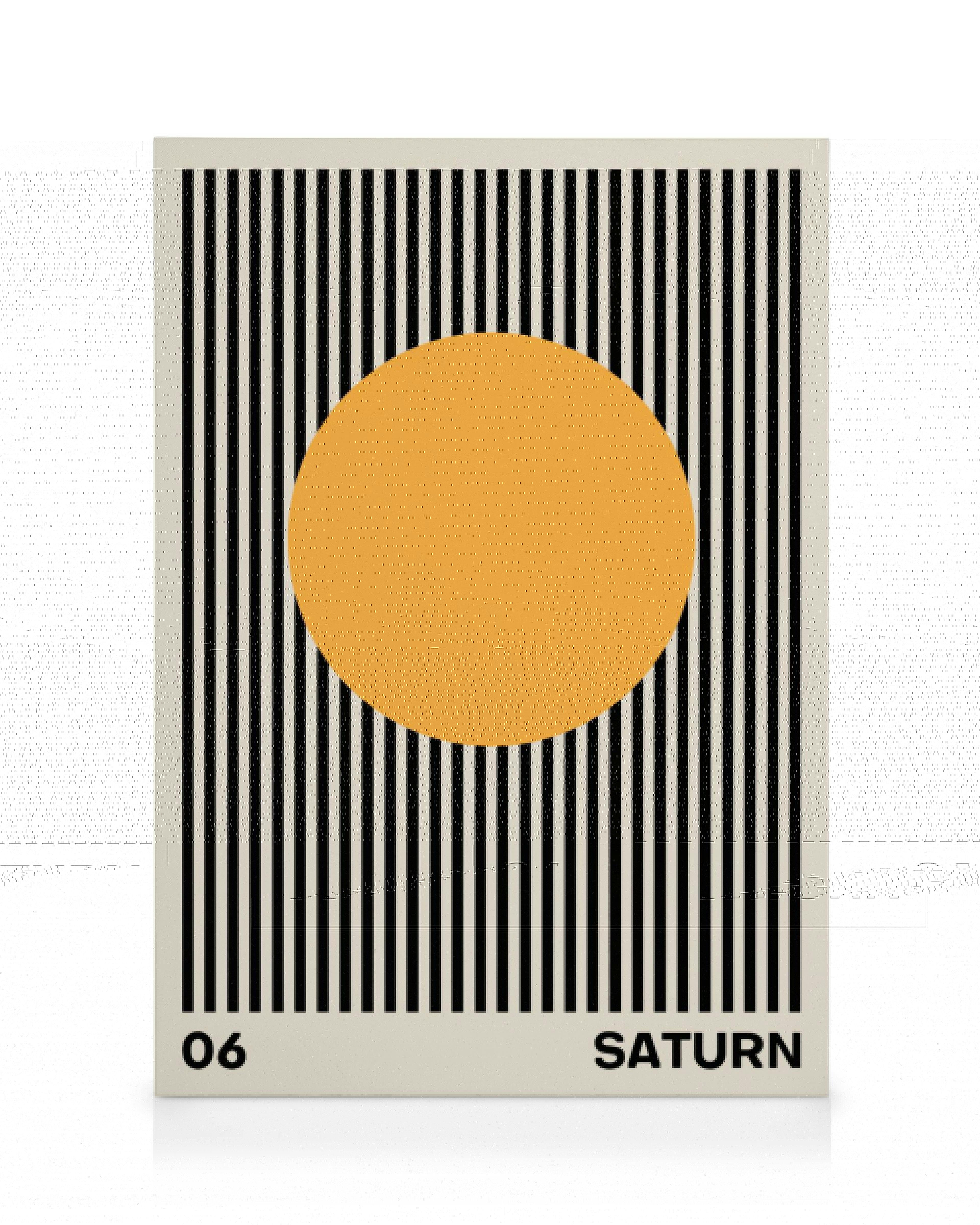Saturn space canvas with a bold orange circle against a backdrop of black and white vertical stripes.