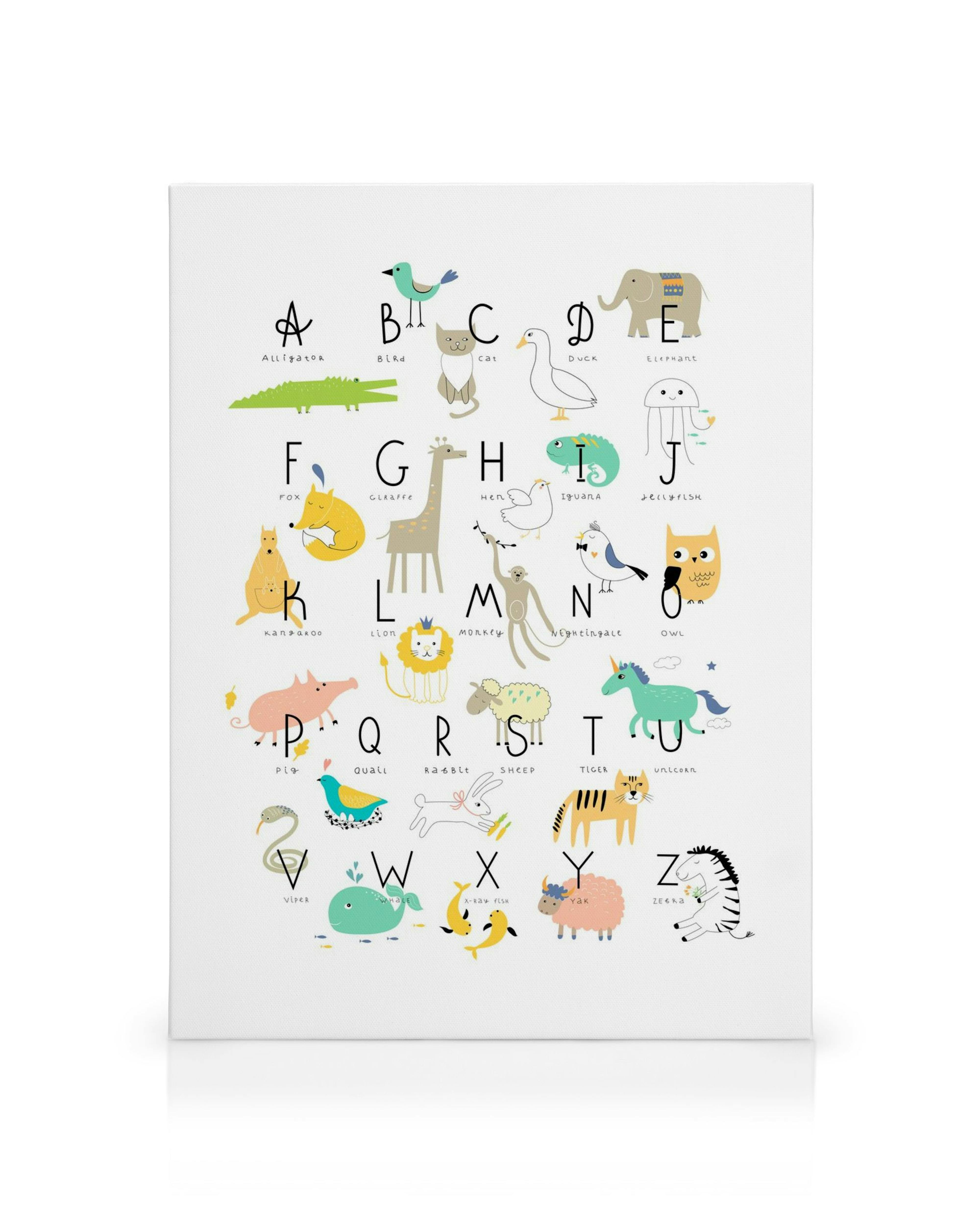 Stampa su tela con alfabeto animale, illustrazioni colorate di alligatore, orso, gatto, anatra e altri animali per bambini.