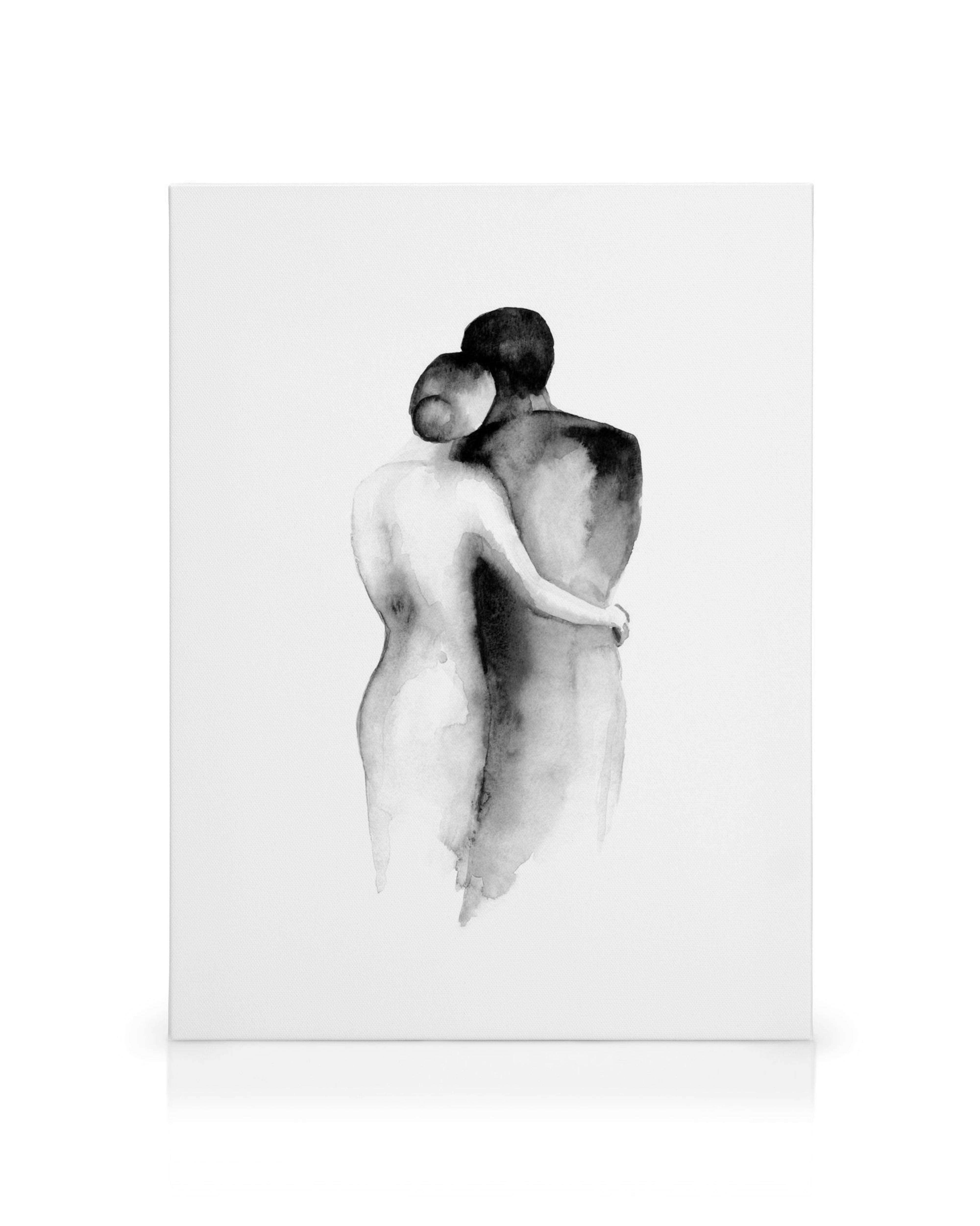Toile abstraite avec deux figures minimalistes en aquarelles noires et grises sembrassant sur fond blanc
